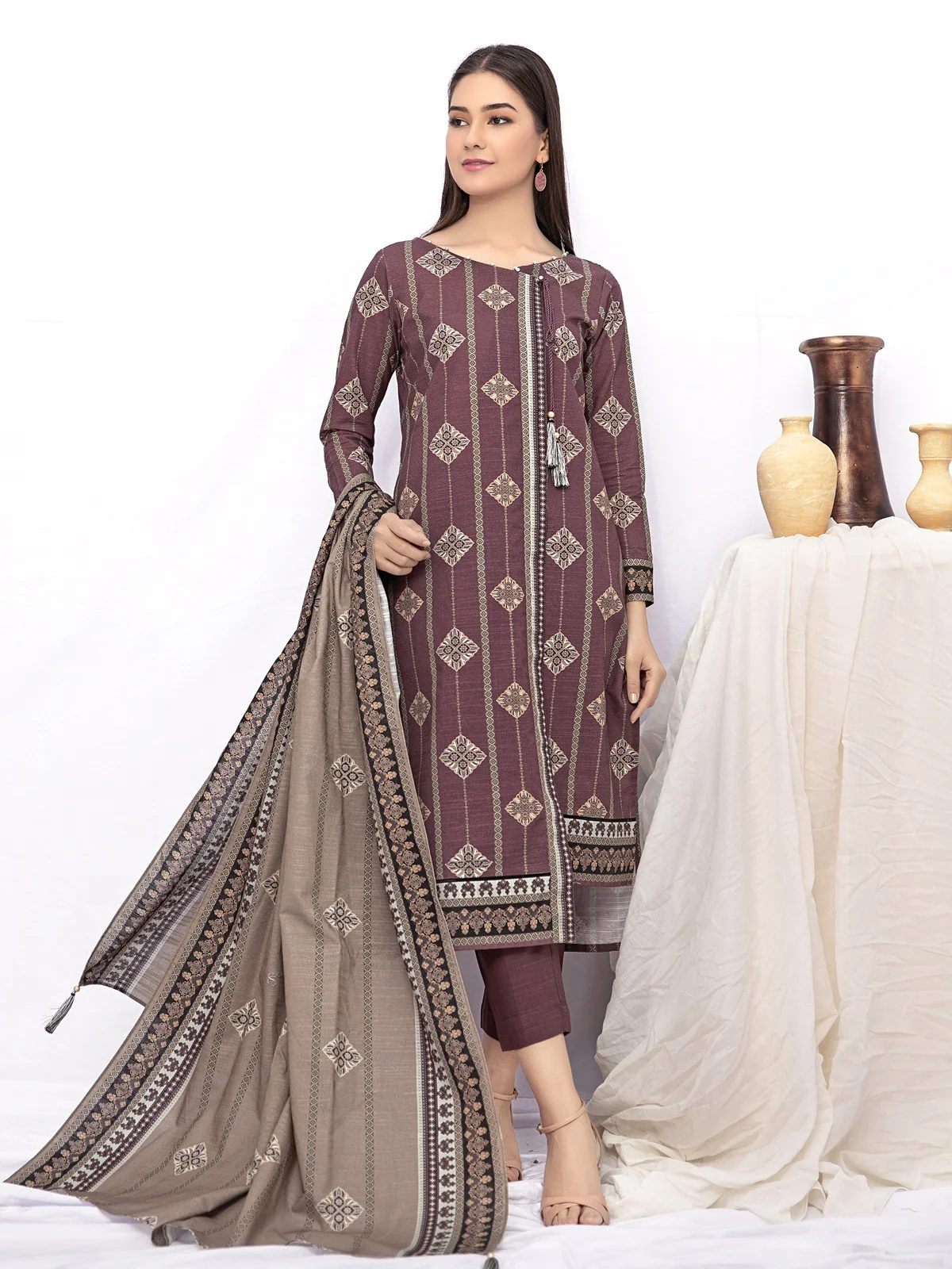 Unstitched Printed Khaddar Shirt Dupatta - EWU21A9-21521