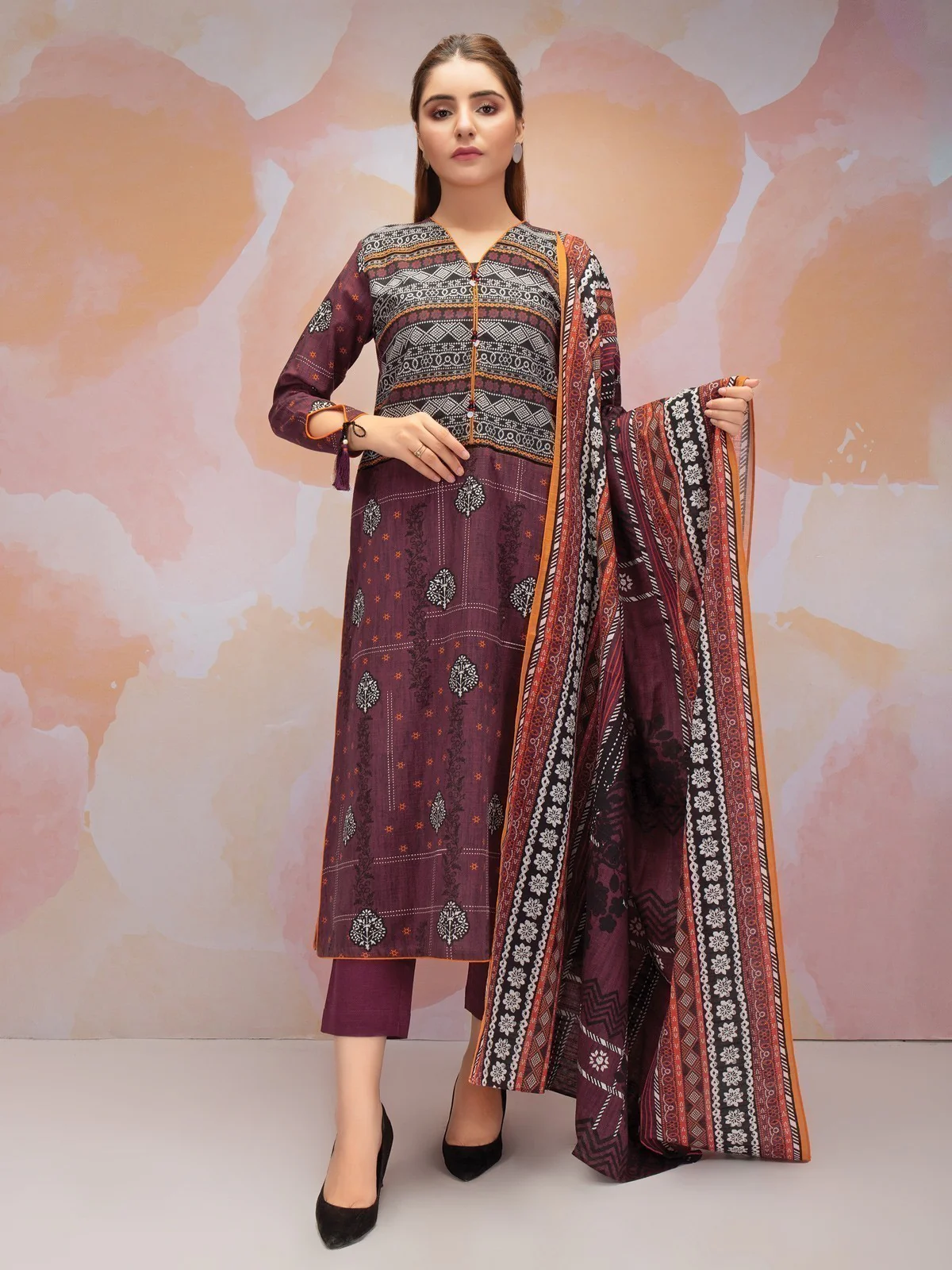 Unstitched Printed Khaddar Shirt Dupatta - EWU21A9-21528