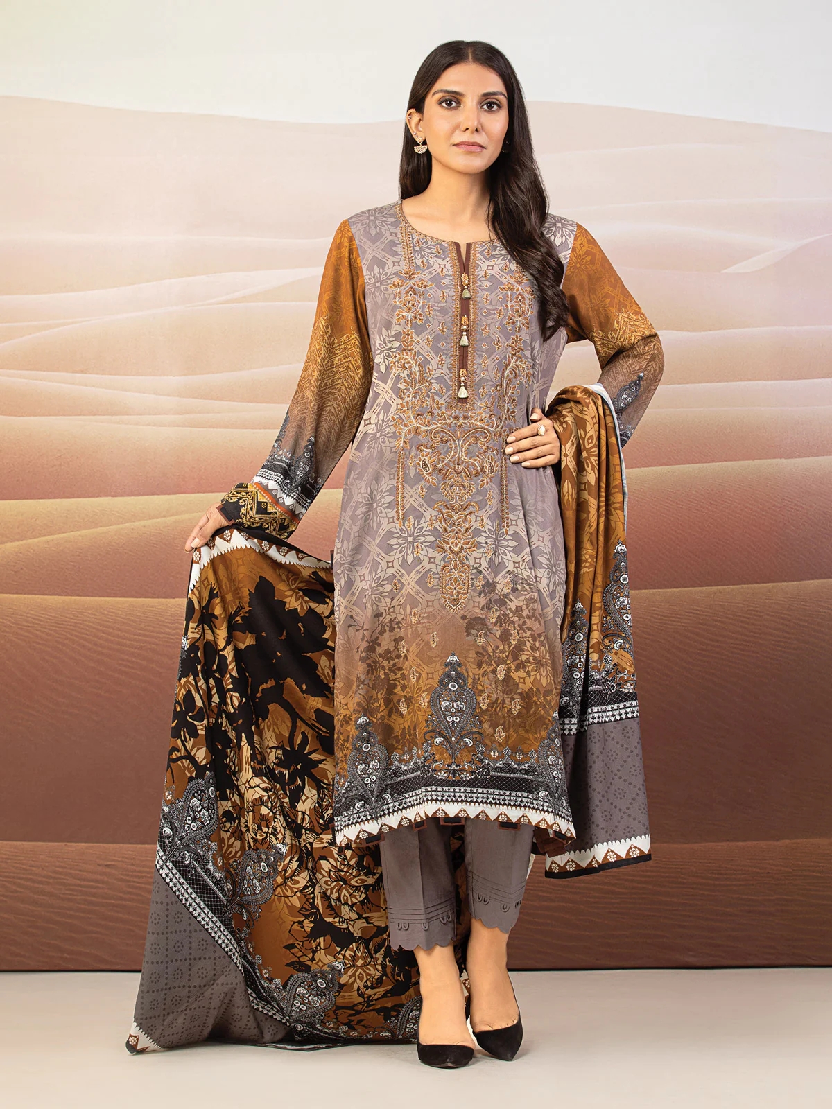 Unstitched Embroidered Crepe Viscose Suit - EWU22V10-25019 - Image 4