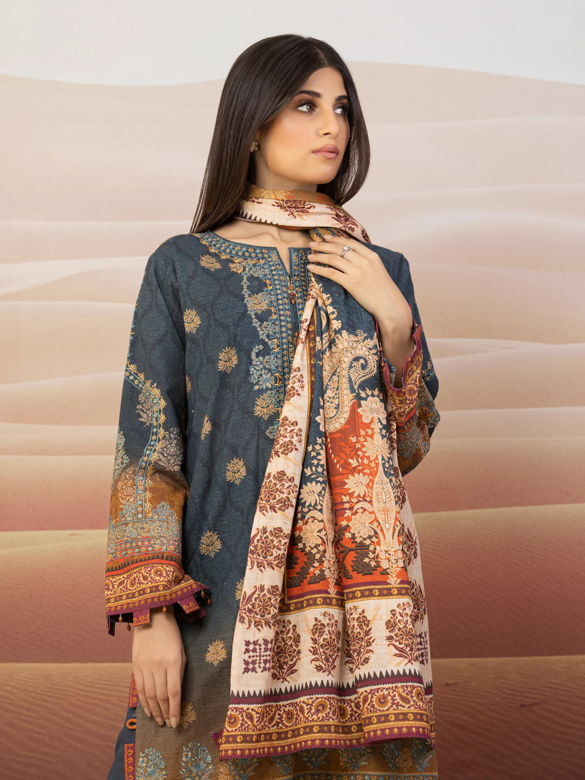 Unstitched Embroidered Khaddar Shirt Dupatta - EWU22V11-25023SD - Image 2