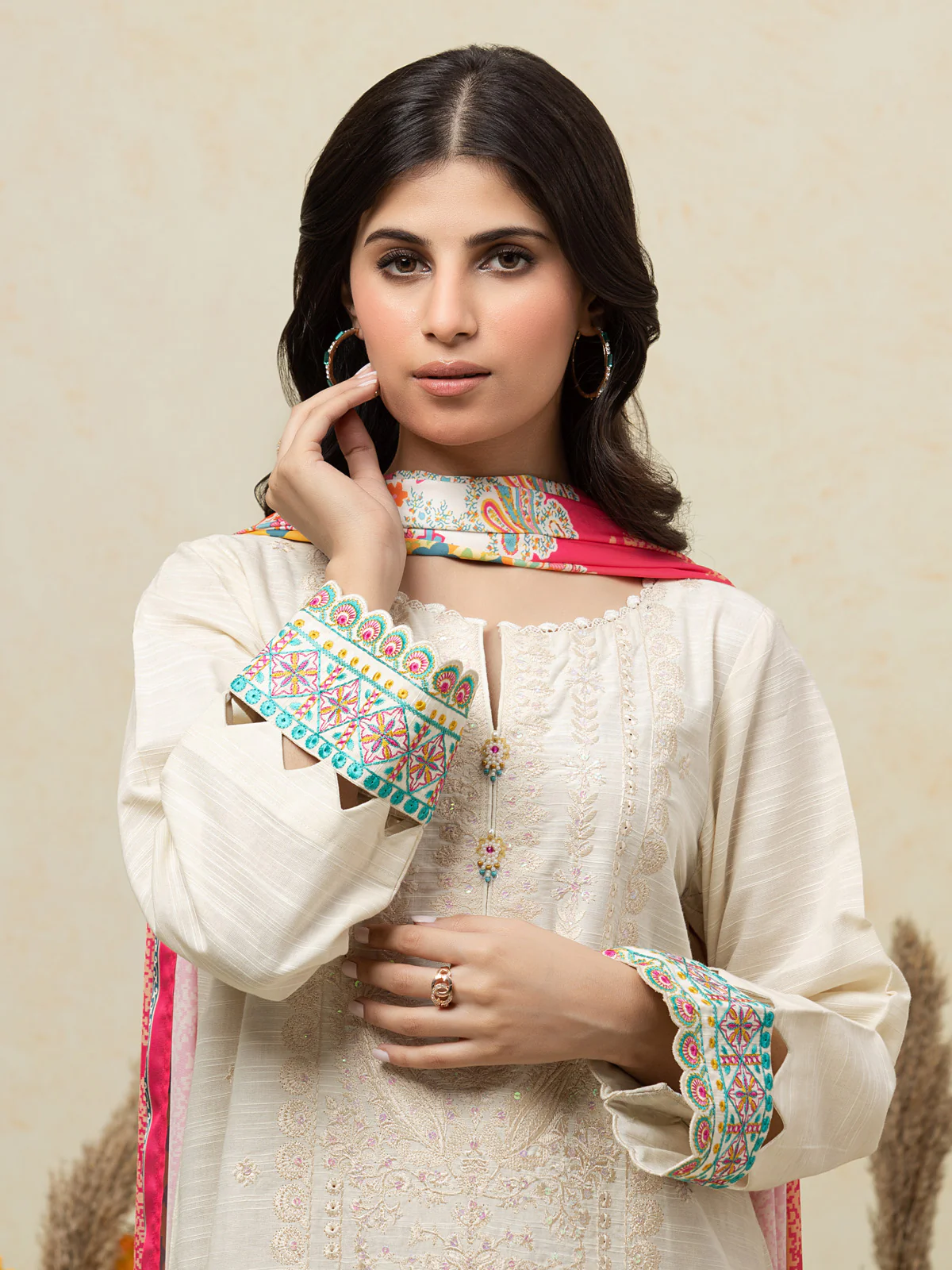 Unstitched Embroidered Chanderi Suit - EWU24V6-26663-3P - Image 2