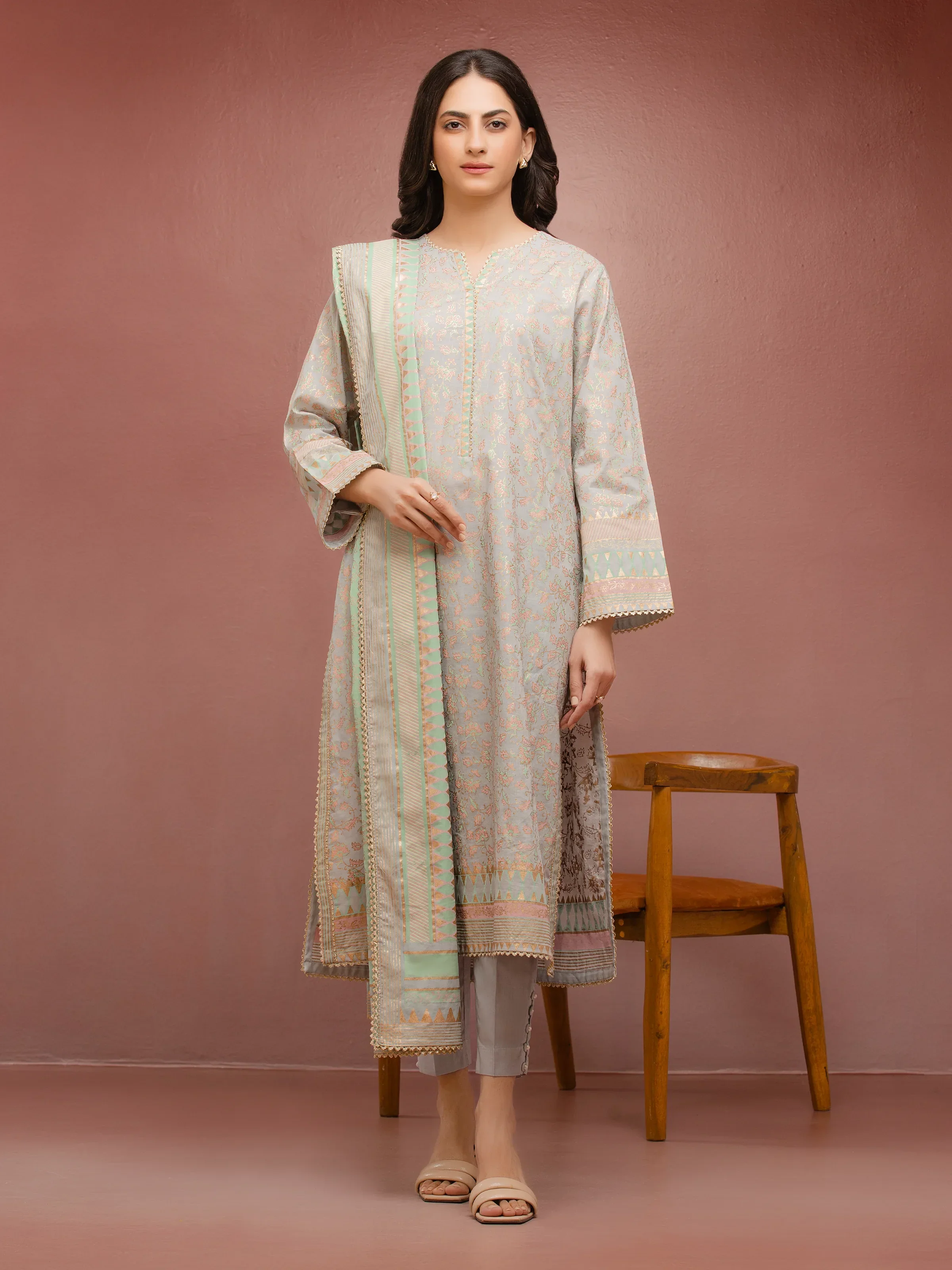 Unstitched Block Print Cambric Shirt Trouser - EWU5M1-023ST - Image 2