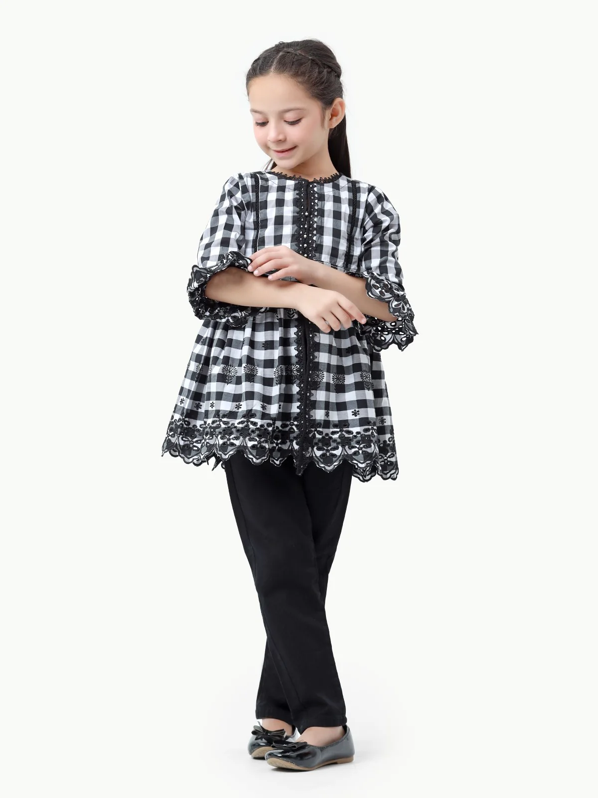 Girl's Black & White Cambric Kurti - EGTKE23-70587 - Image 2