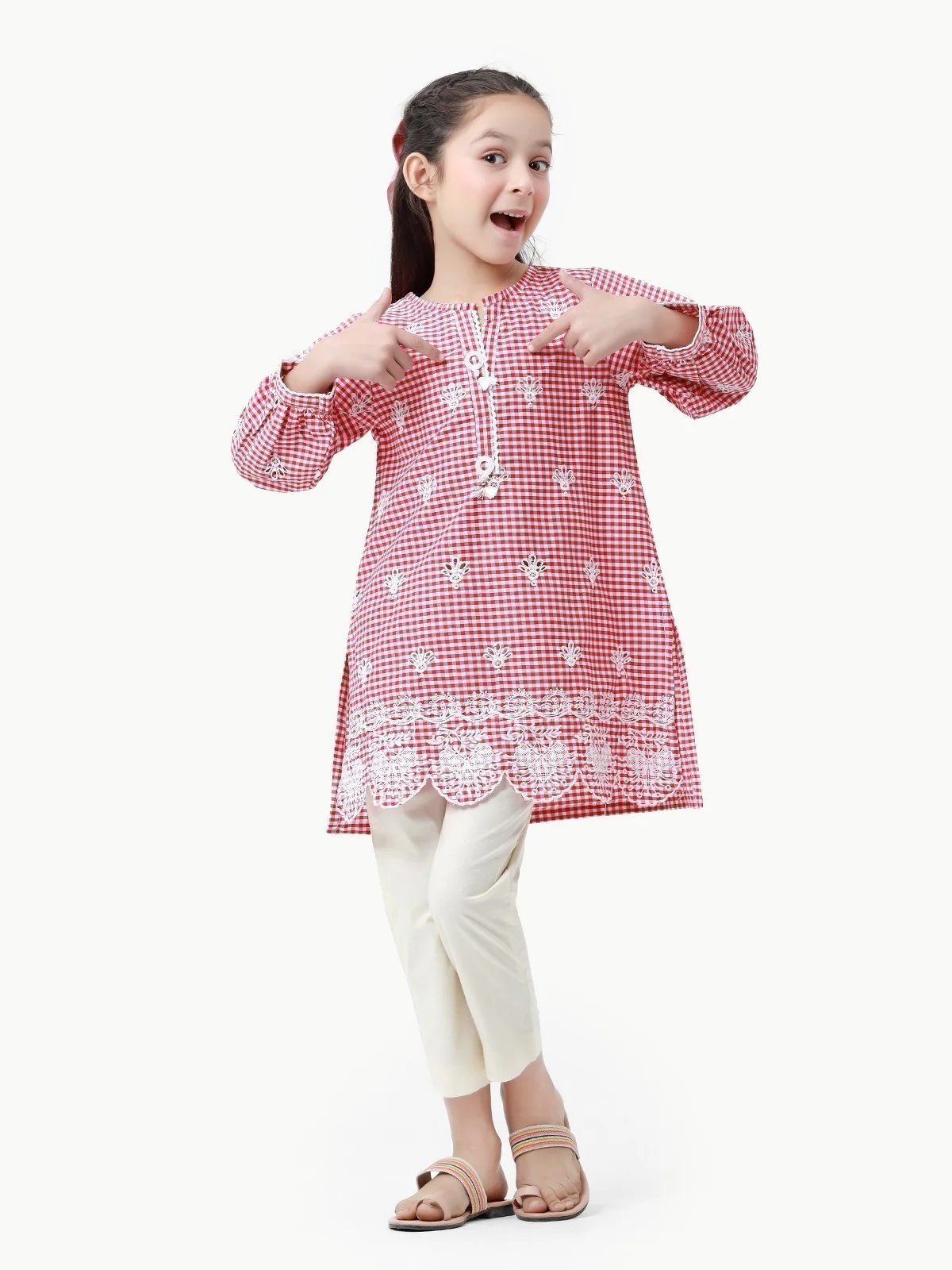 Girl's Red & White Cambric Kurti - EGTKE23-70578 - Image 2