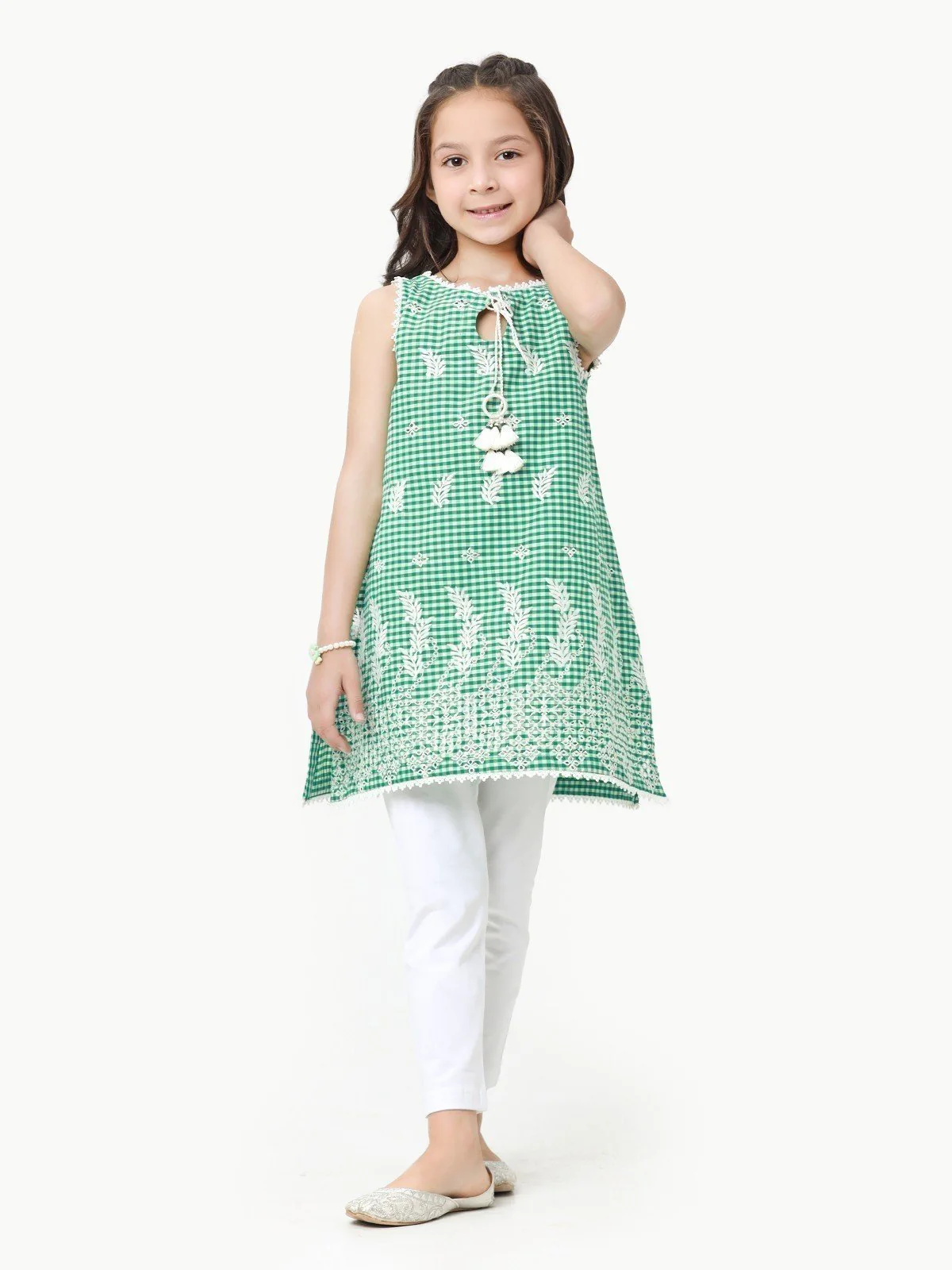 Girl's White & Green Cambric Kurti - EGTKE23-70588 - Image 2