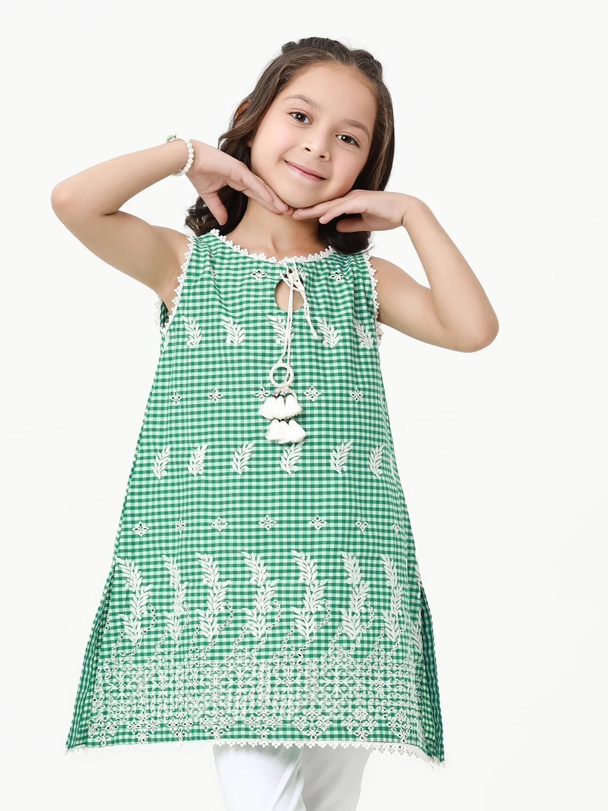 Girl's White & Green Cambric Kurti - EGTKE23-70588 - Image 3