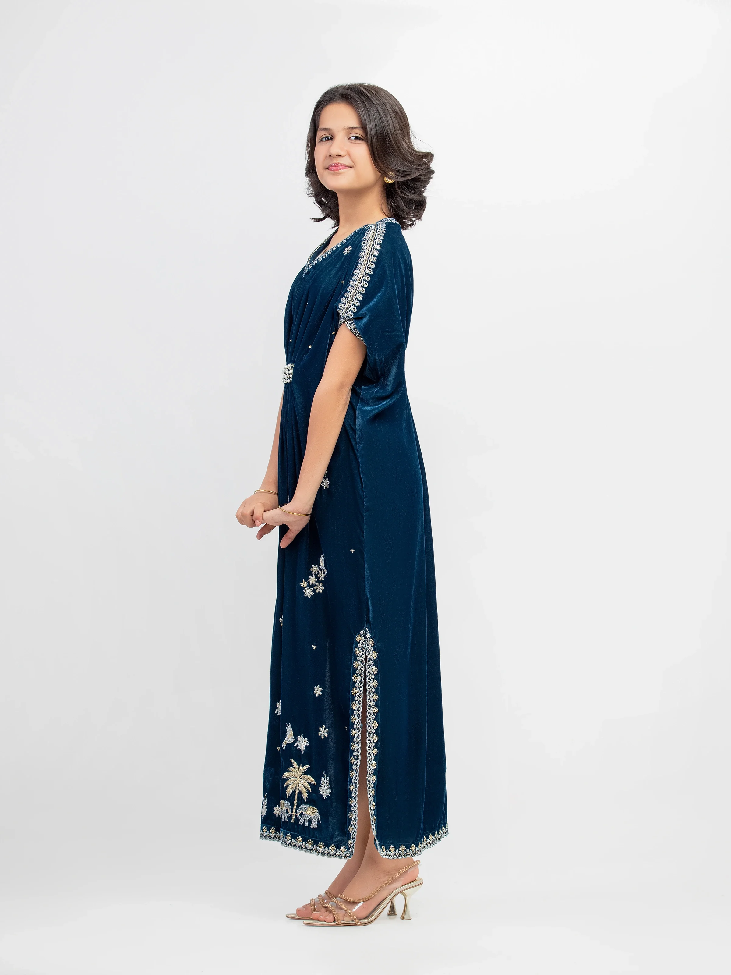 Girl's Embroidered Velvet Kaftan - EGTPLED5-50053S - Image 5