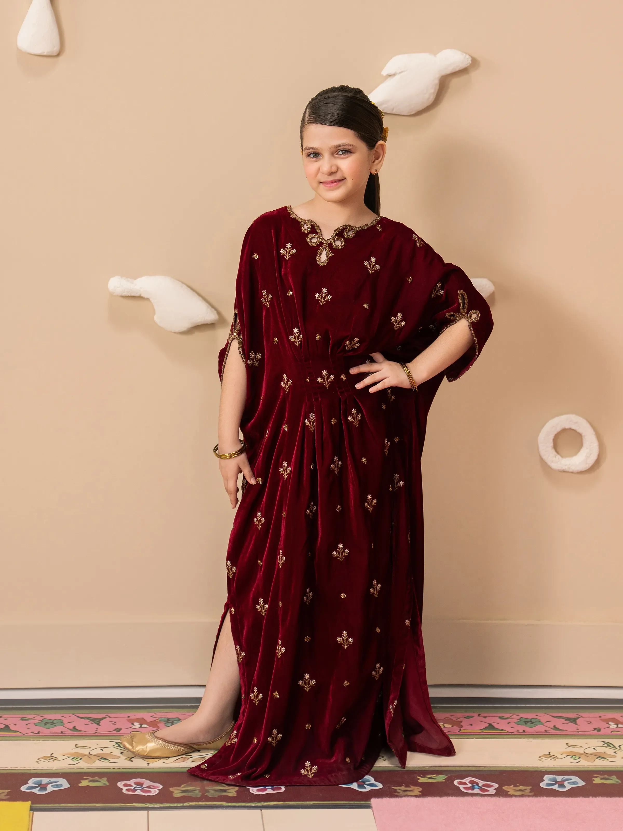 Girl's Embroidered Velvet Kaftan - EGTPLED5-50050S