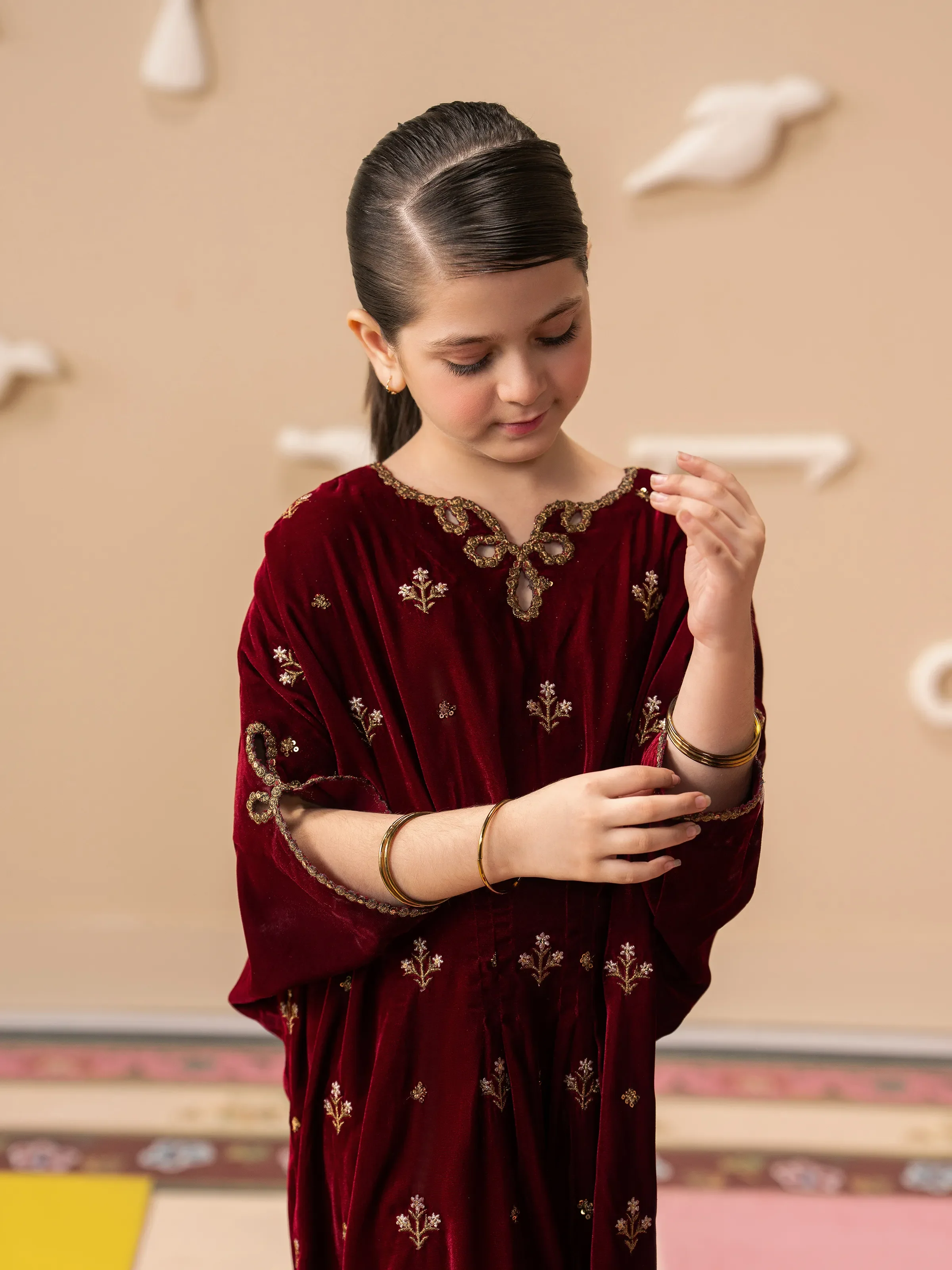 Girl's Embroidered Velvet Kaftan - EGTPLED5-50050S - Image 2