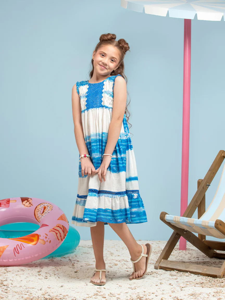 Girl's White & Blue Frock - EGTKP5-71001S - Image 3