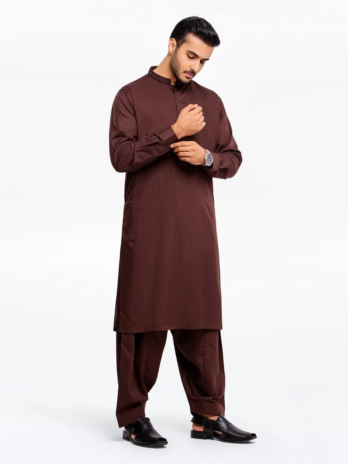 Men's Brown Shalwar Kameez - EMTKS23-41019 - Image 3