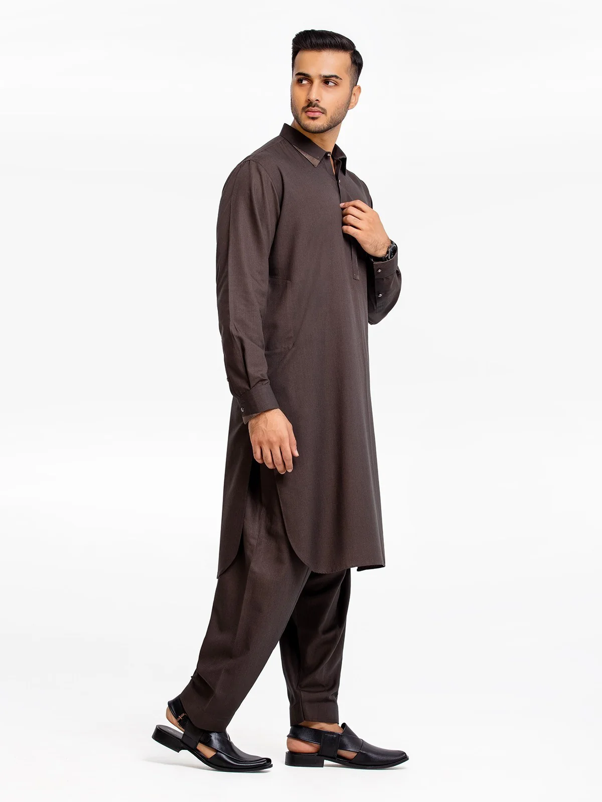 Men's Dark Brown Shalwar Kameez - EMTSW23-99374 - Image 3