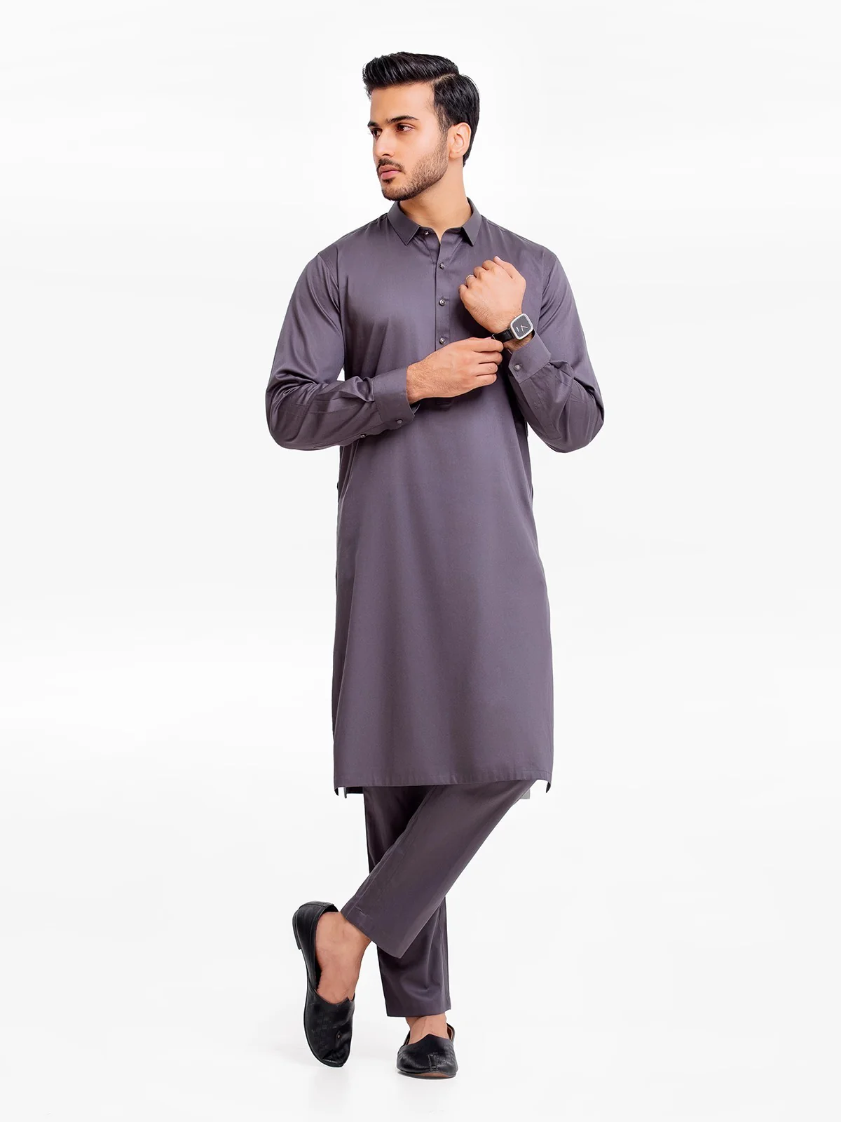 Men's Dark Grey Kurta Pajama- EMTSWP23-99363 - Image 4