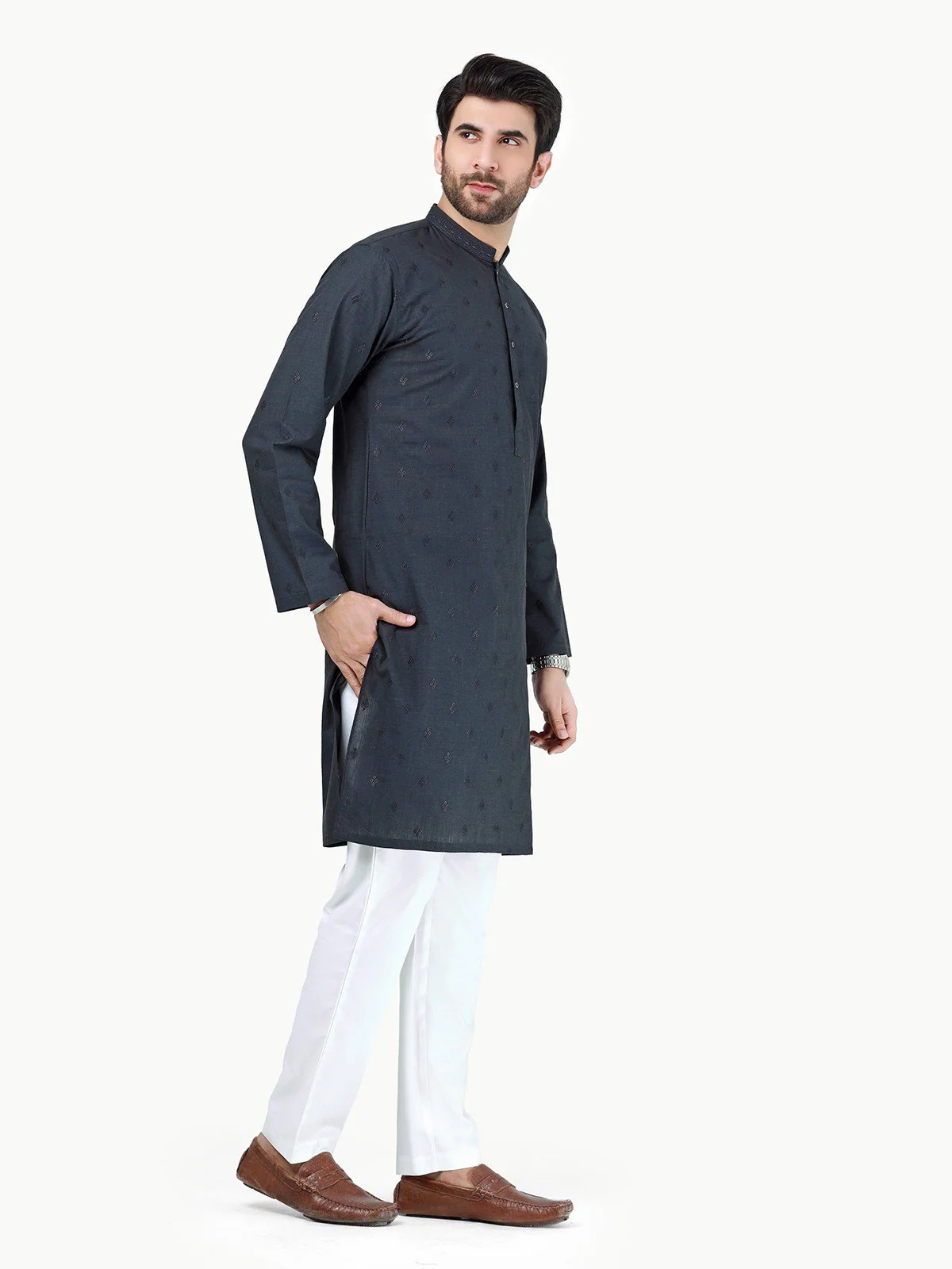 Men's Dark Navy Kurta Ceremonial - EMTKC22-066 - Image 3