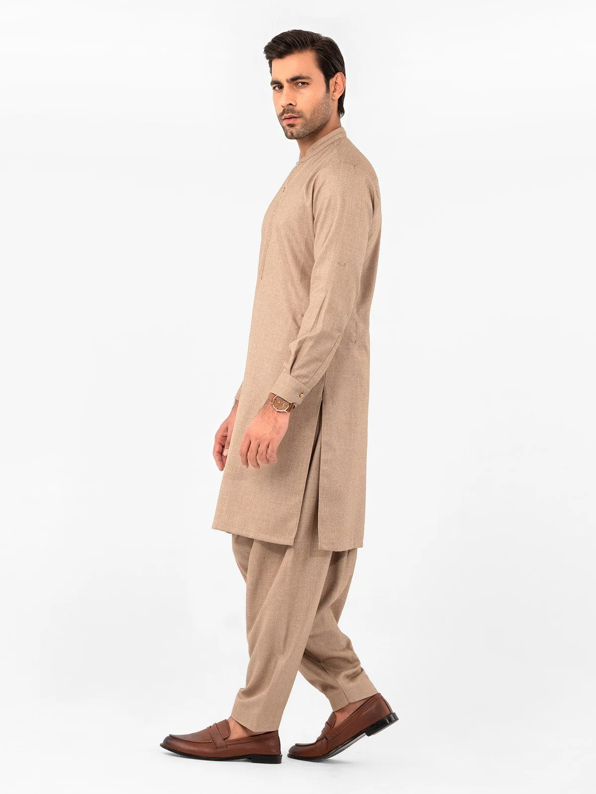 Men's Fawn Shalwar Kameez - EMTKS23W-41046 - Image 3