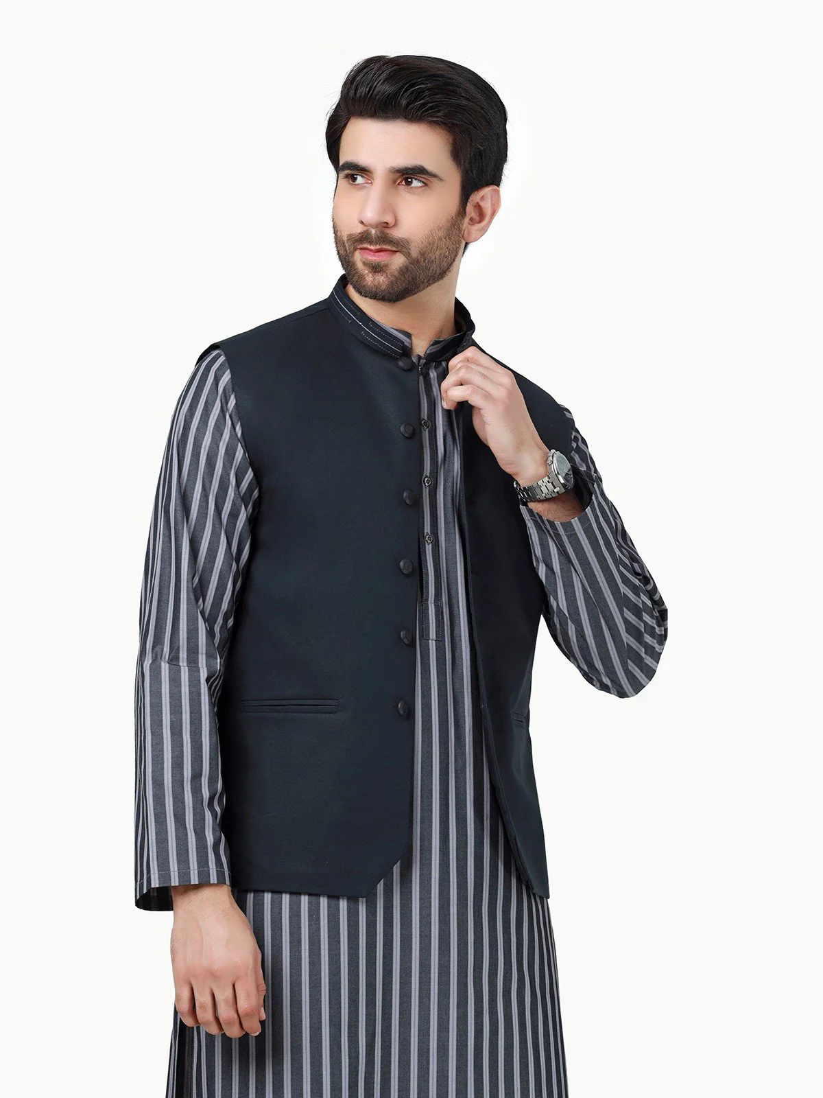 Men's Grey & Black Waist Coat Suit - EMTWCS22-018 - Image 2