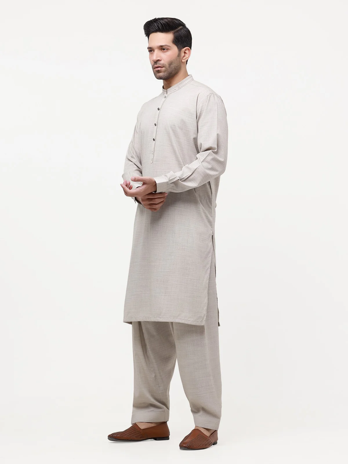 Men's Light Beige Shalwar Kameez - EMTKS23-41004 - Image 3