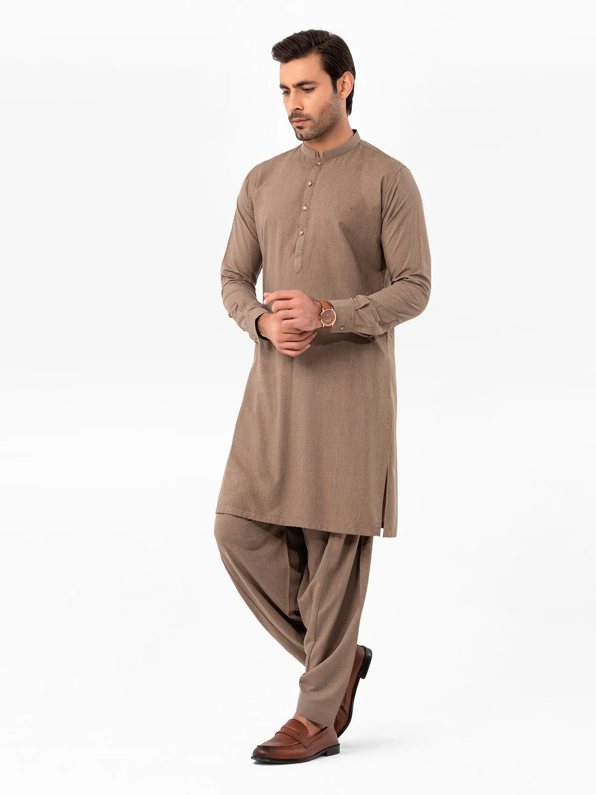 Men's Light Brown Shalwar Kameez - EMTKS23-41052 - Image 3