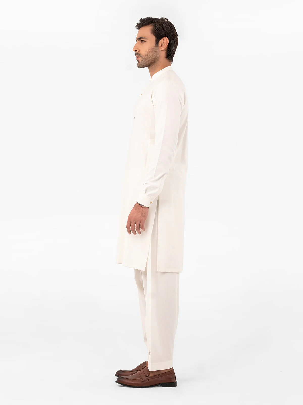 Men's Off White Shalwar Kameez Plain - EMTKS23-41035 - Image 3