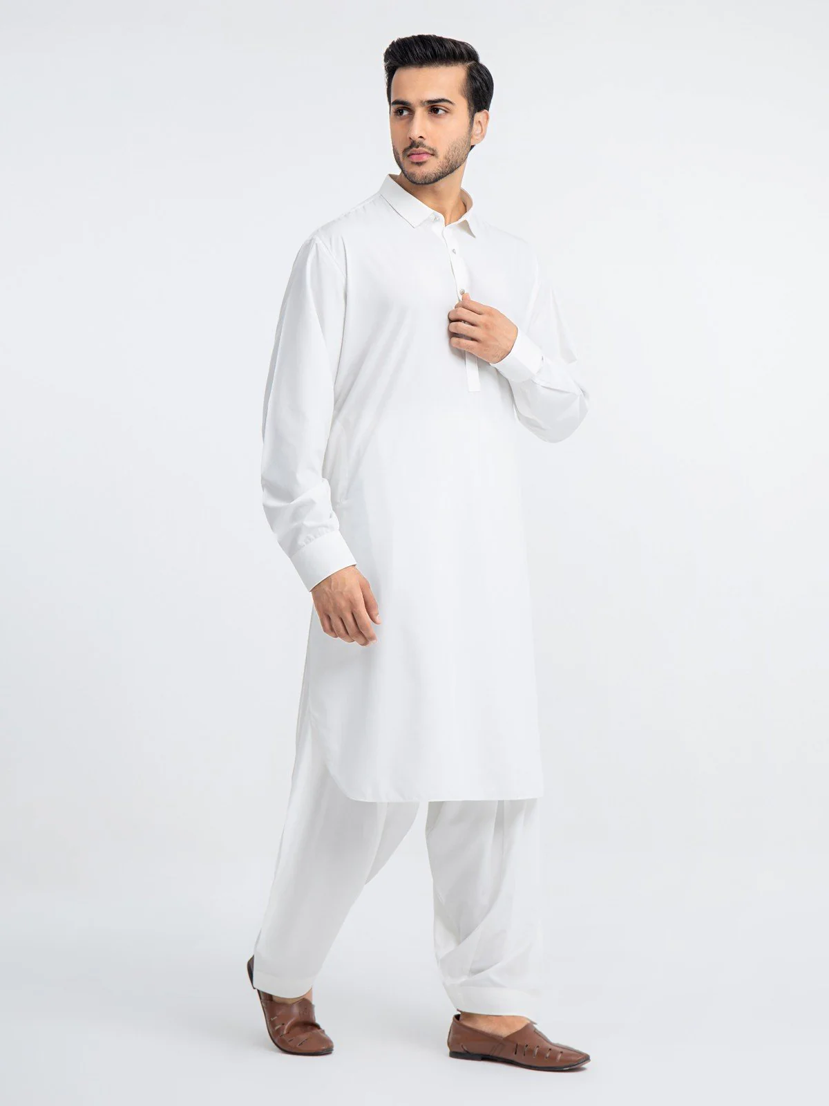 Men's Off White Shalwar Kameez Plain - EMTKSP23-41017 - Image 3