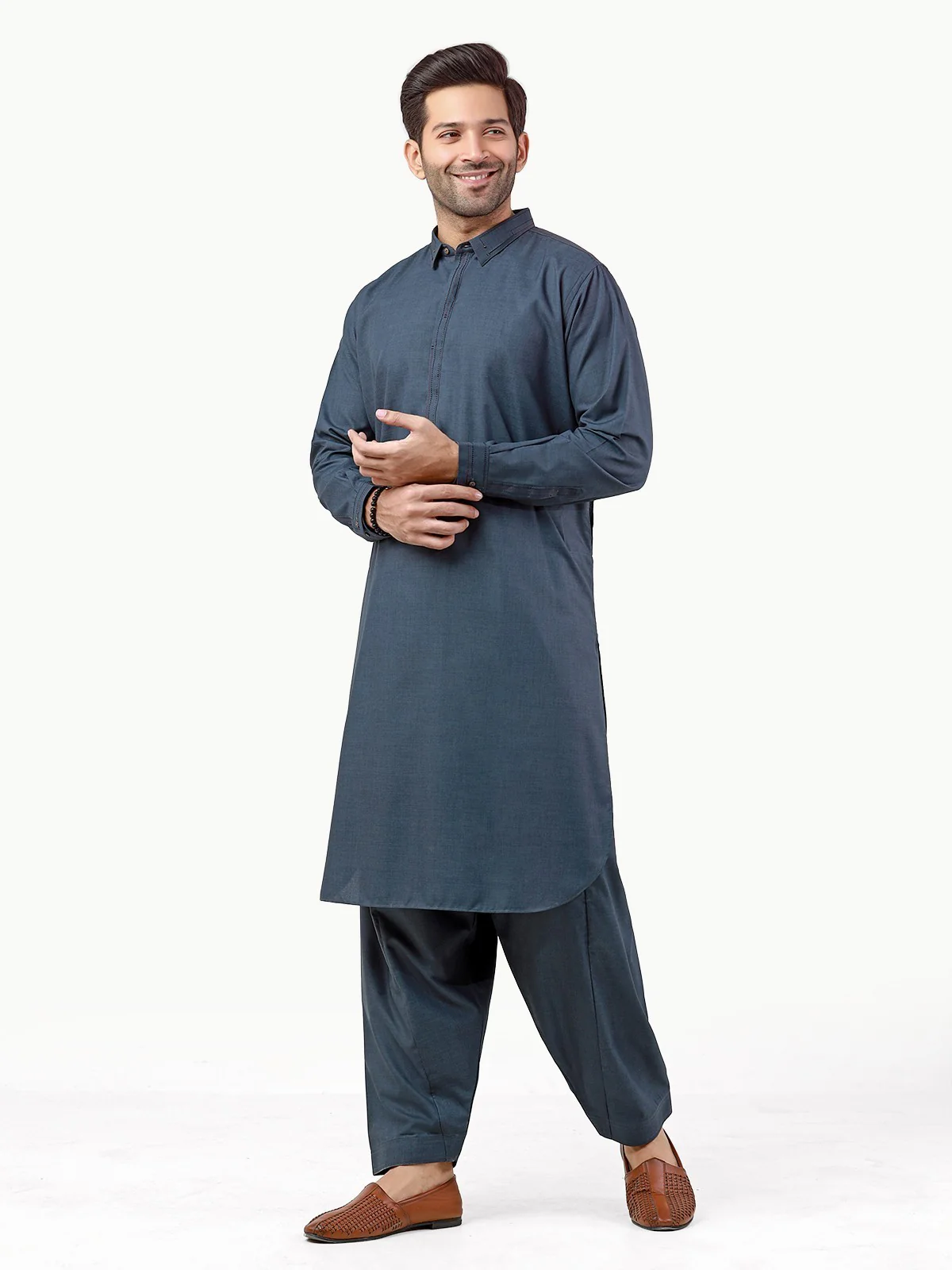 Men's Steel Blue Shalwar Kameez - EMTKS22S-40985 - Image 3