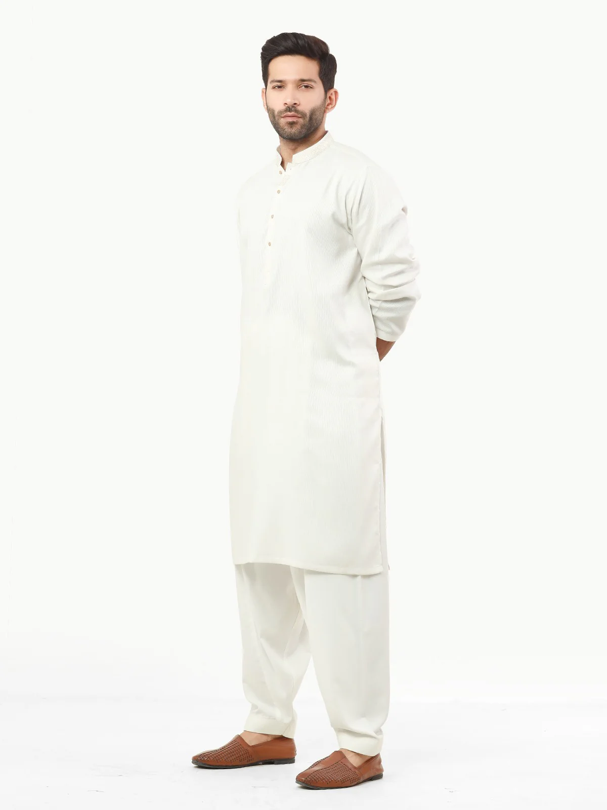 Men's White Shalwar Kameez - EMTKS22S-40974 - Image 3