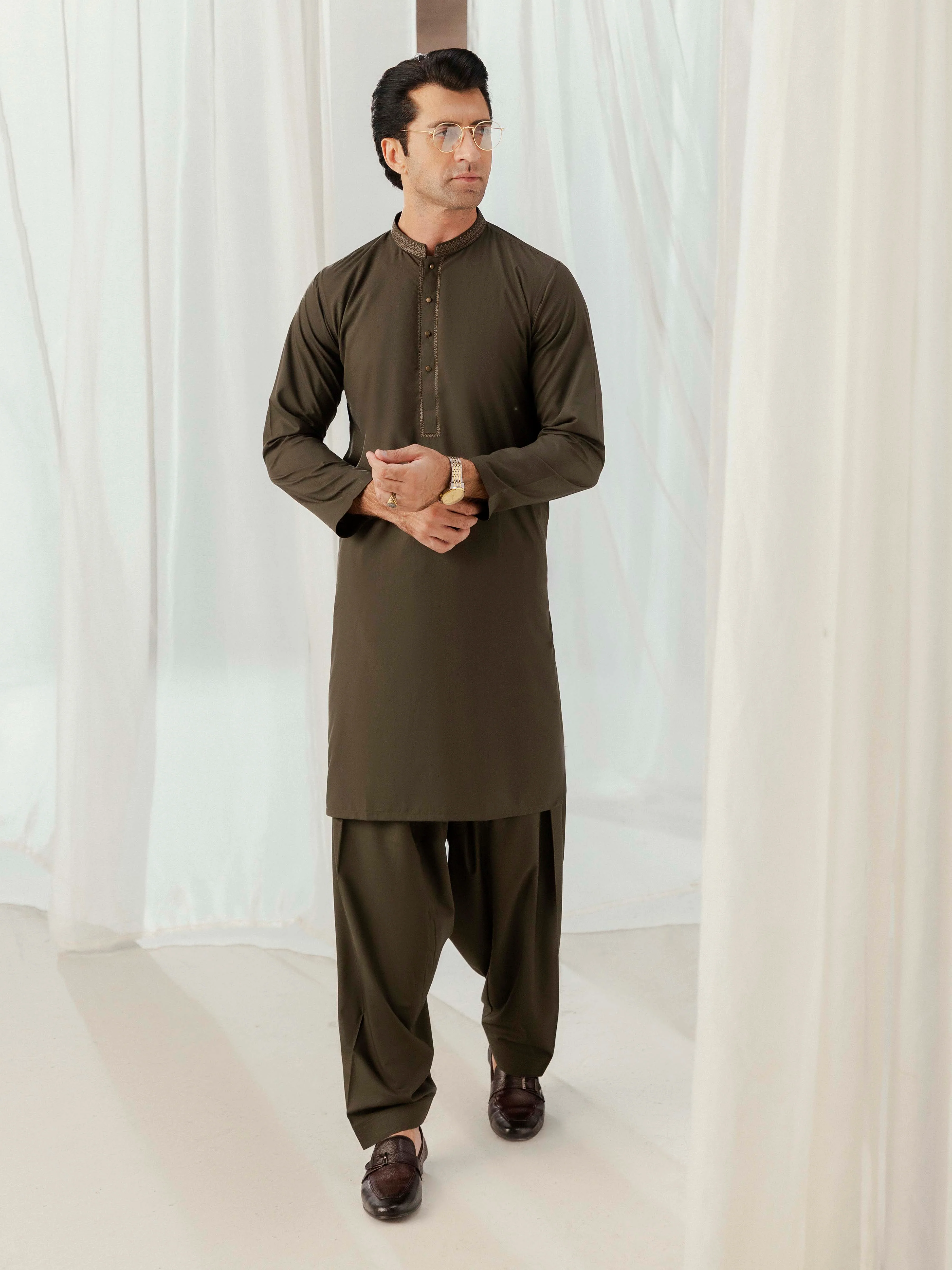 Men's Army Green Shalwar Kameez - EMTKST5-99582 - Image 2