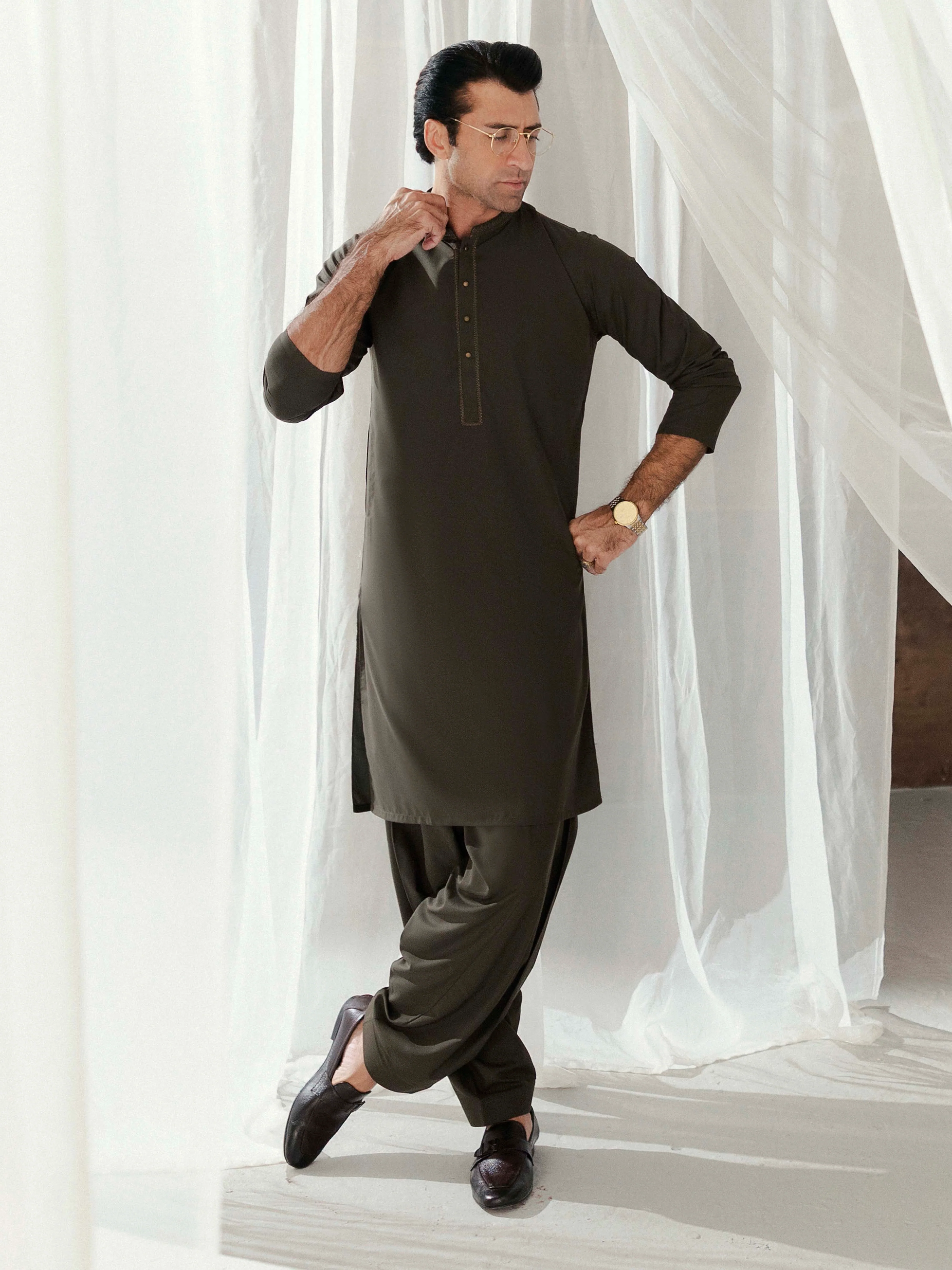 Men's Army Green Shalwar Kameez - EMTKST5-99582 - Image 5