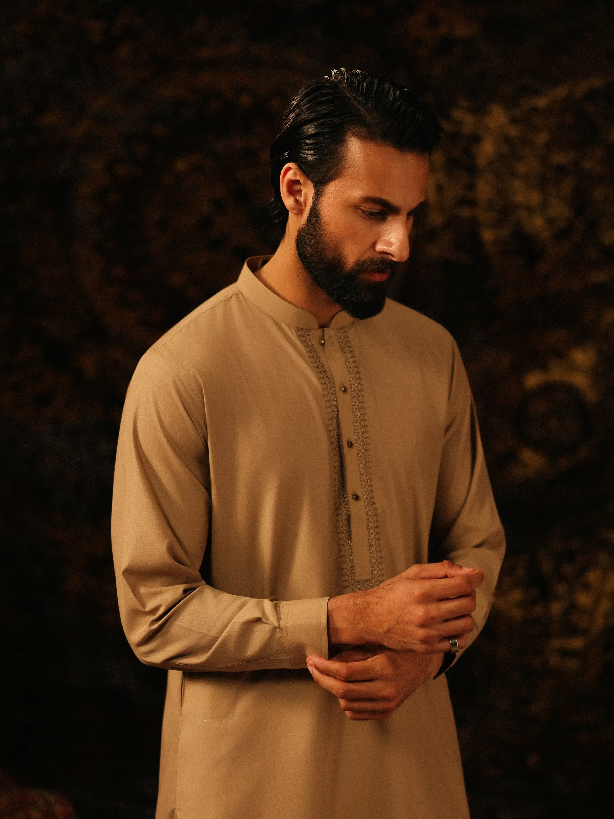 Men's Beige Shalwar Kameez - EMTKST5-99604 - Image 2