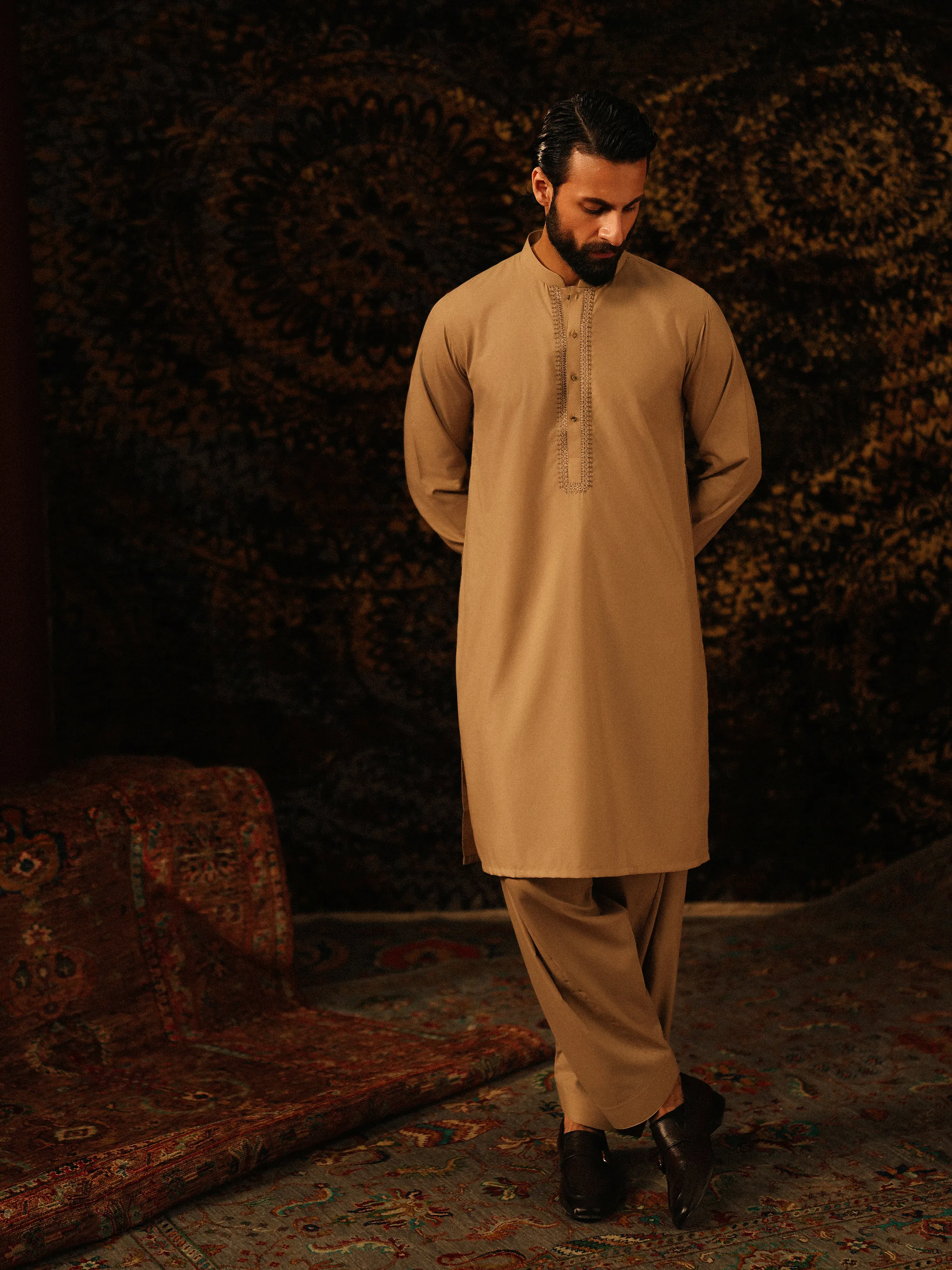 Men's Beige Shalwar Kameez - EMTKST5-99604 - Image 4