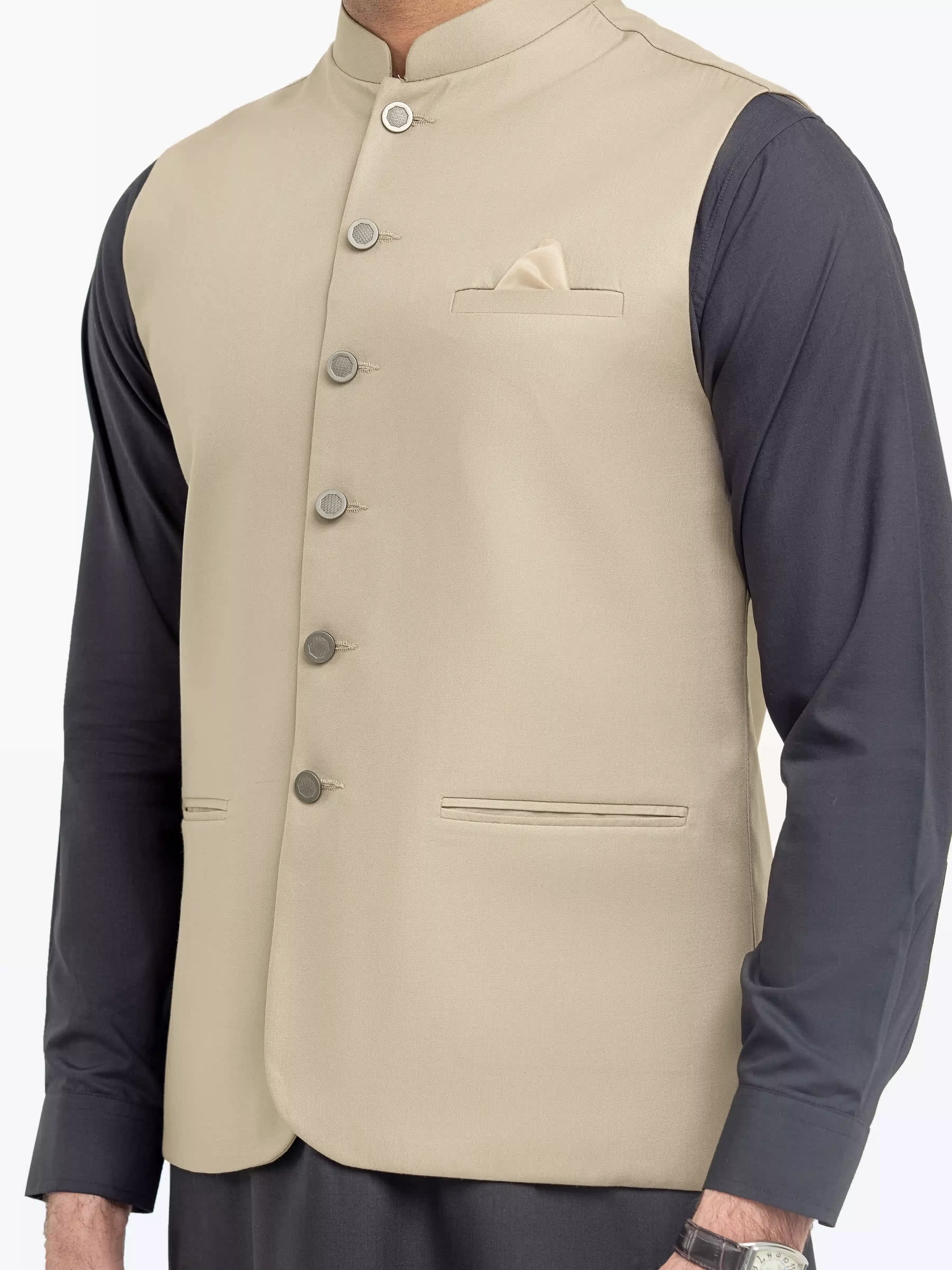 Men's Beige Waist Coat - EMTWCP5-35945 - Image 3