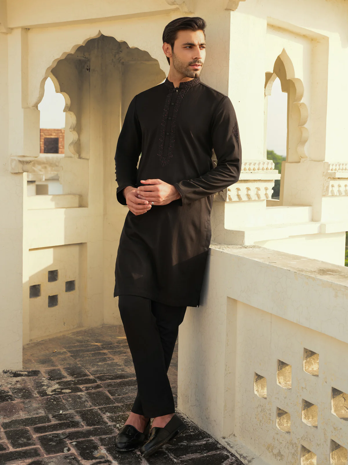 Men's Black Ceremonial Kurta - EMTKC23-094 - Image 2