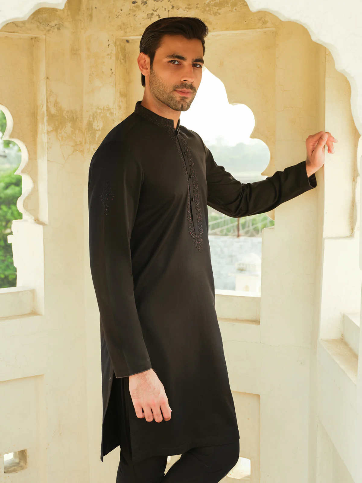 Men's Black Ceremonial Kurta - EMTKC23-094 - Image 5