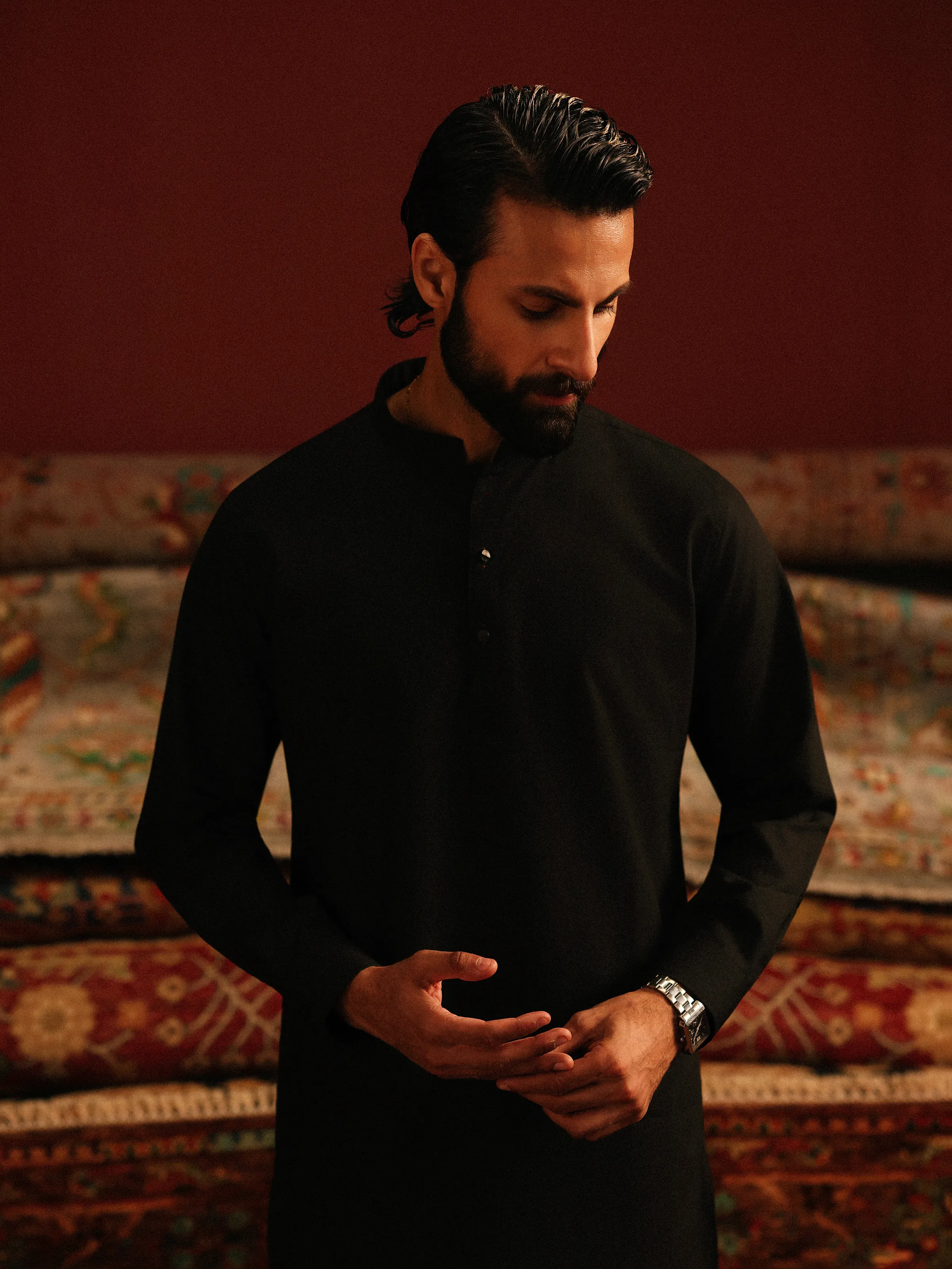 Men's Black Shalwar Kameez - EMTKST5-99619 - Image 2