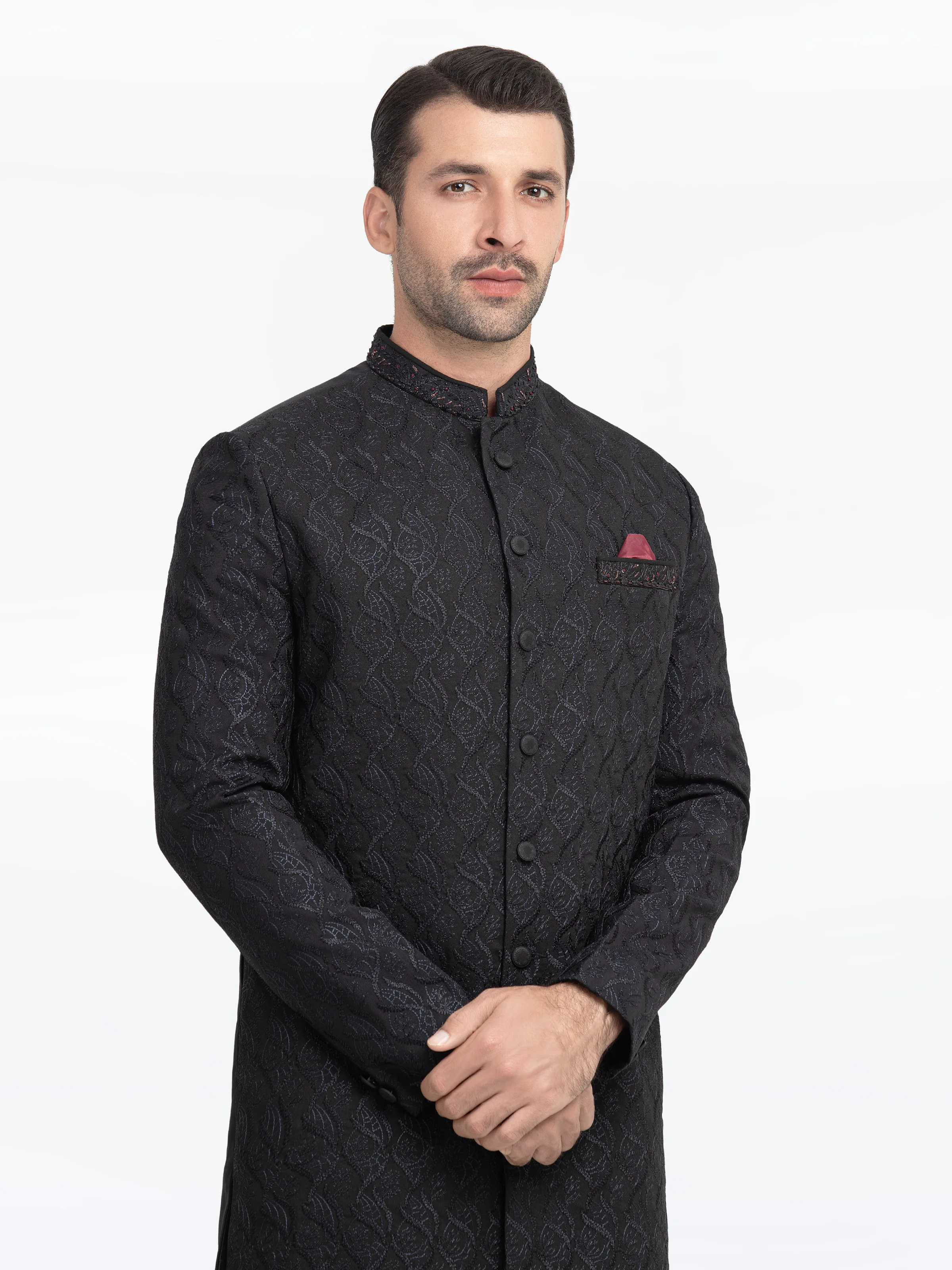 Men's Black Sherwani - EMTS5-7223 - Image 2