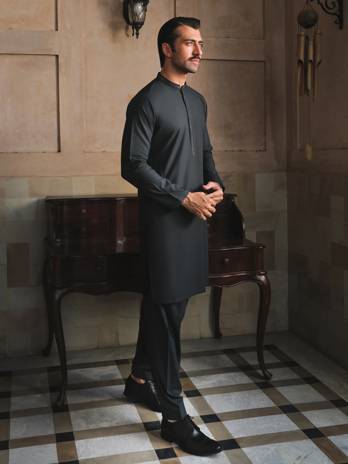 Men's Bottle Green Shalwar Kameez - EMTKS24-41108 - Image 5