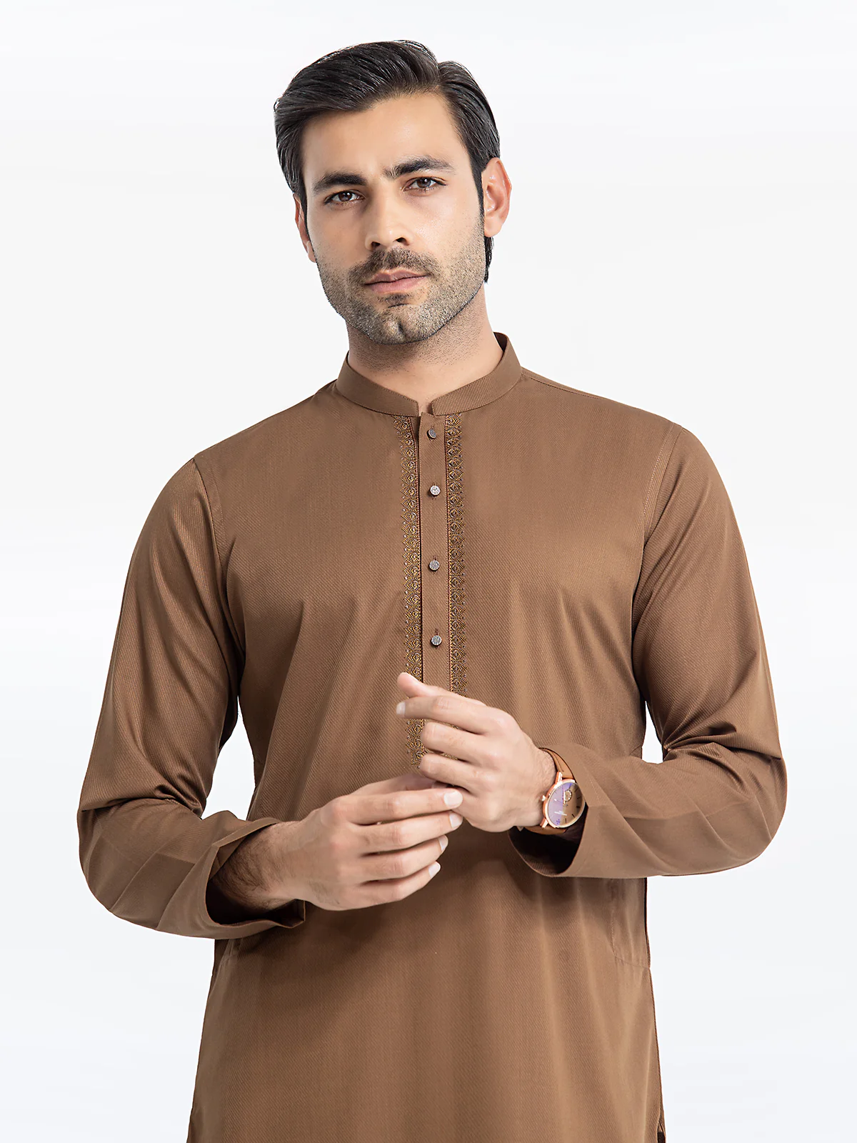 Men's Camel Brown Shalwar Kameez - EMTKS24S-41104 - Image 2