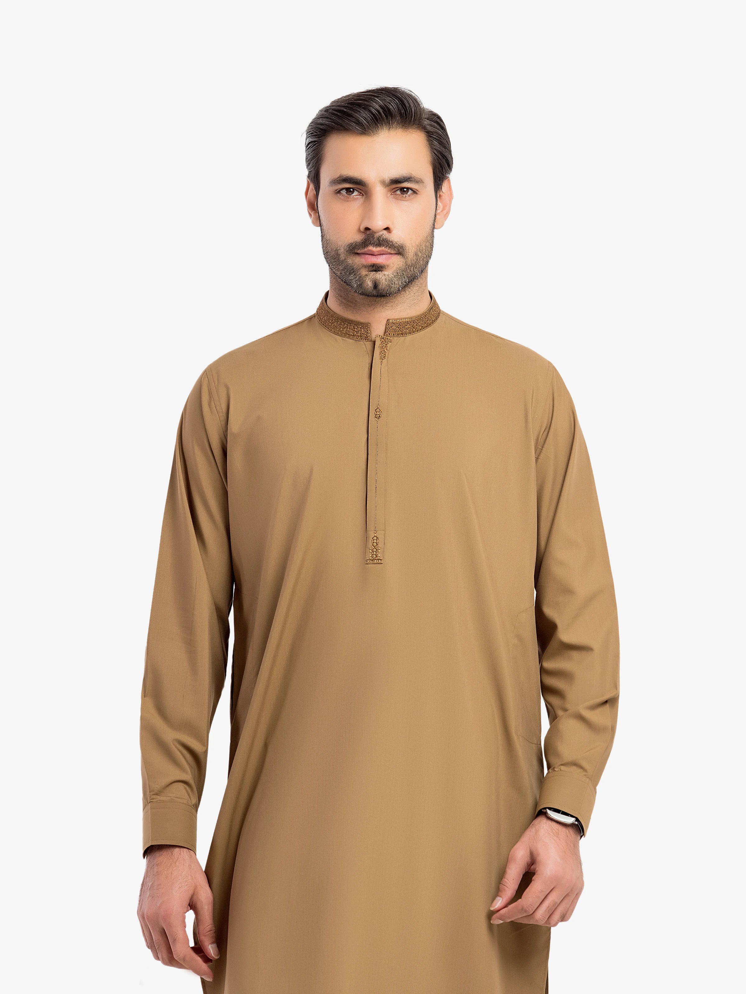 Men's Camel Shalwar Kameez - EMTKS5-41202 - Image 2