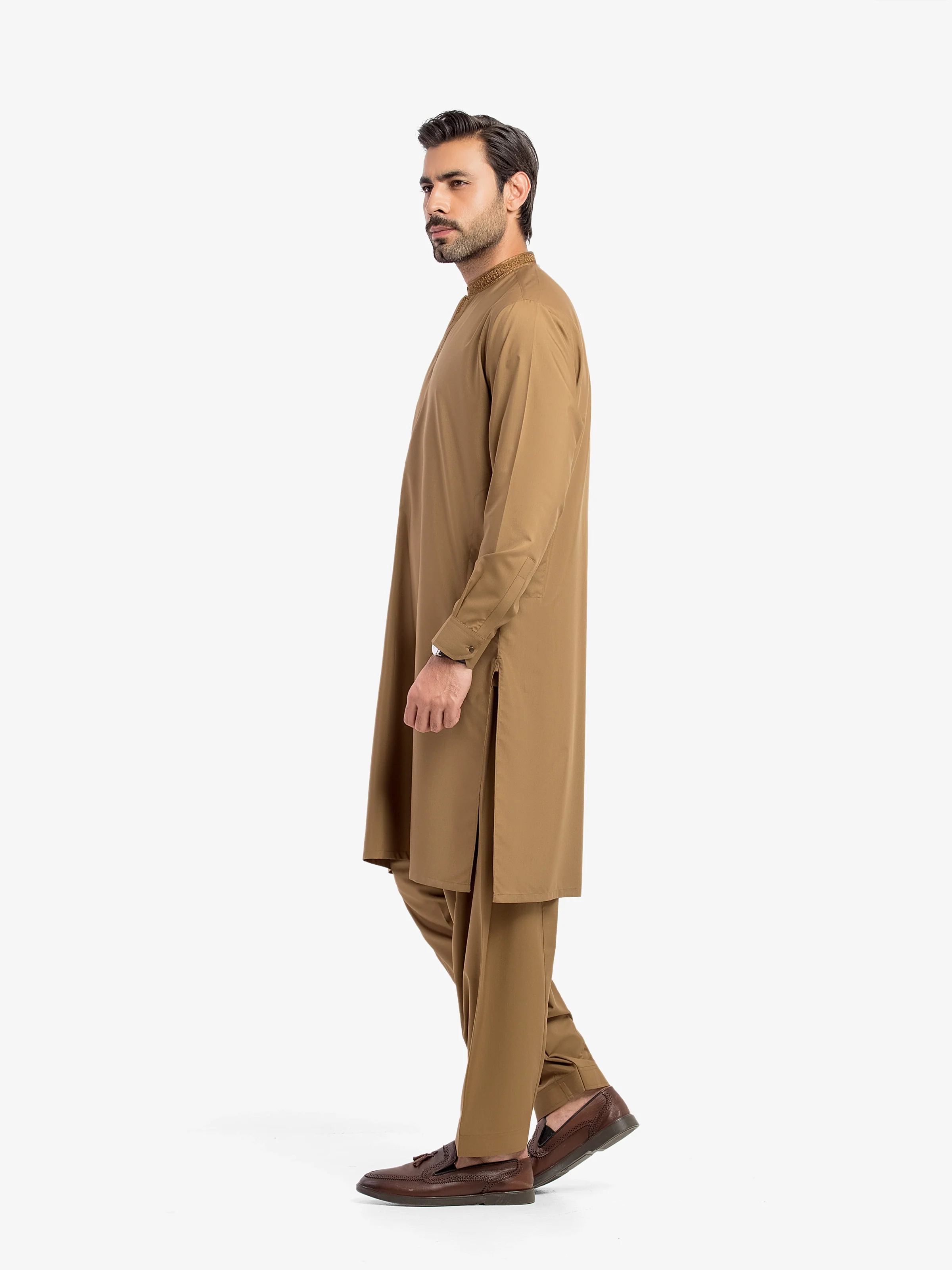 Men's Camel Shalwar Kameez - EMTKS5-41202 - Image 4