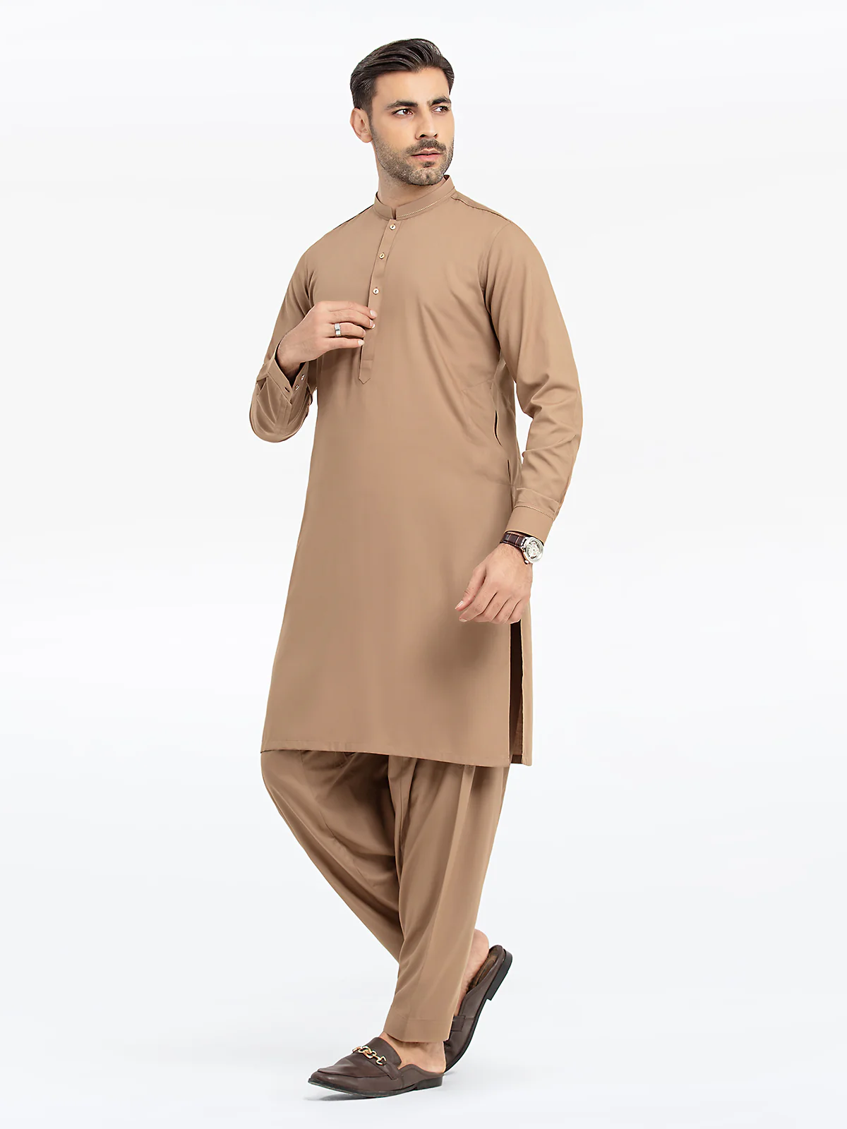 Men's Camel Shalwar Kameez - EMTKST24-99471 - Image 5