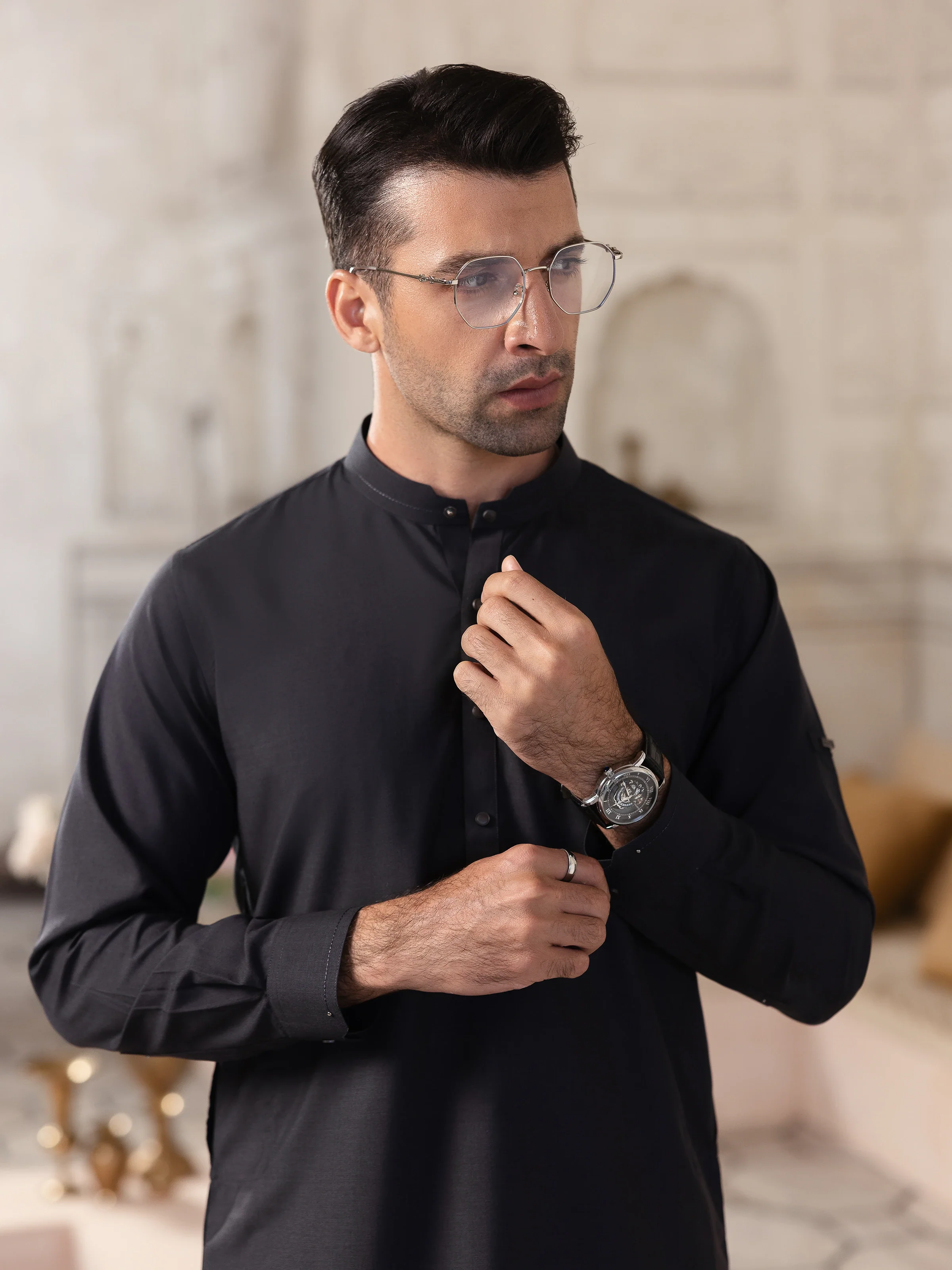 Men's Charcoal Grey Shalwar Kameez - EMTKST5-99516 - Image 5