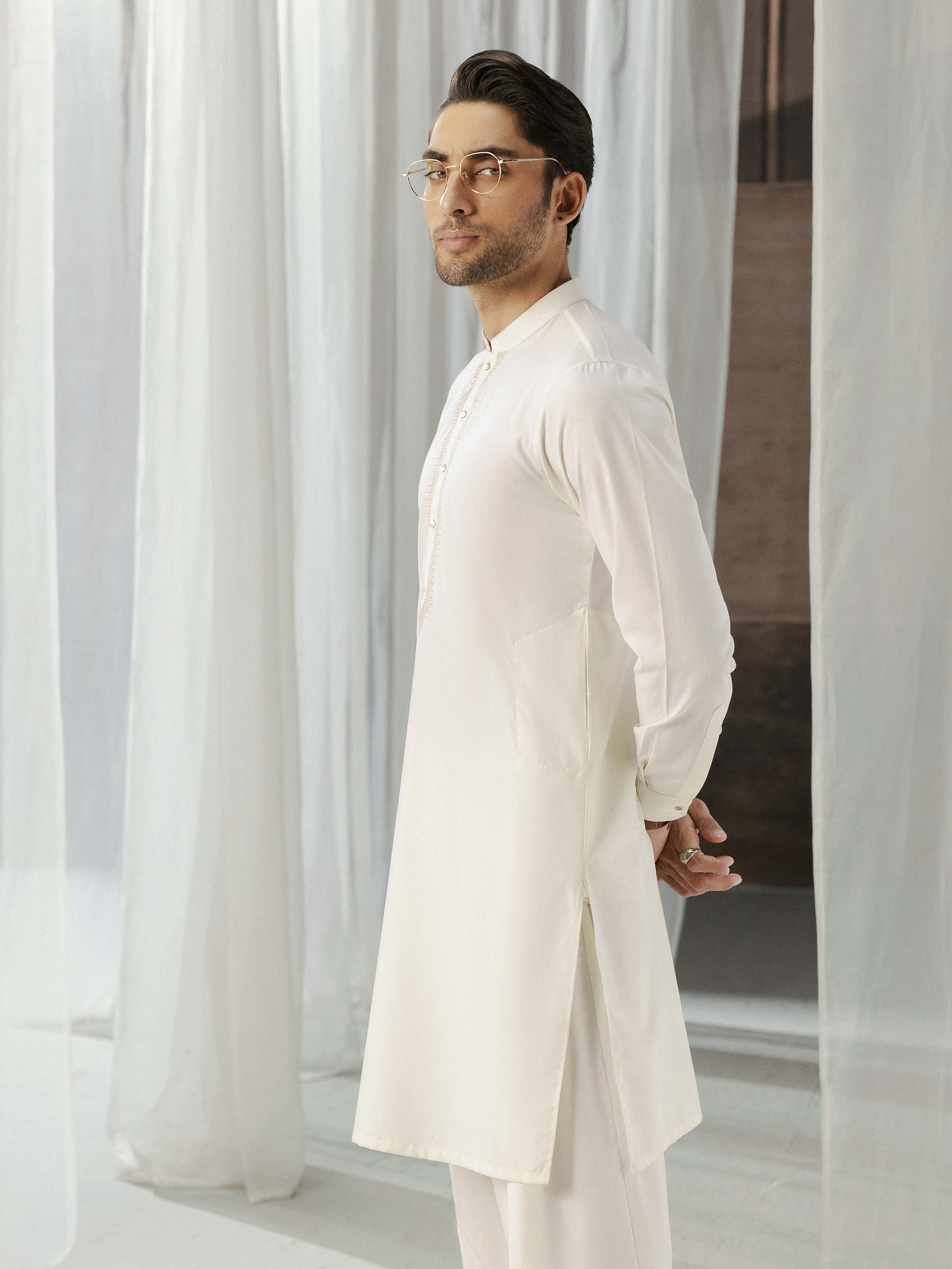 Men's Cream Shalwar Kameez - EMTKST5-99590 - Image 2