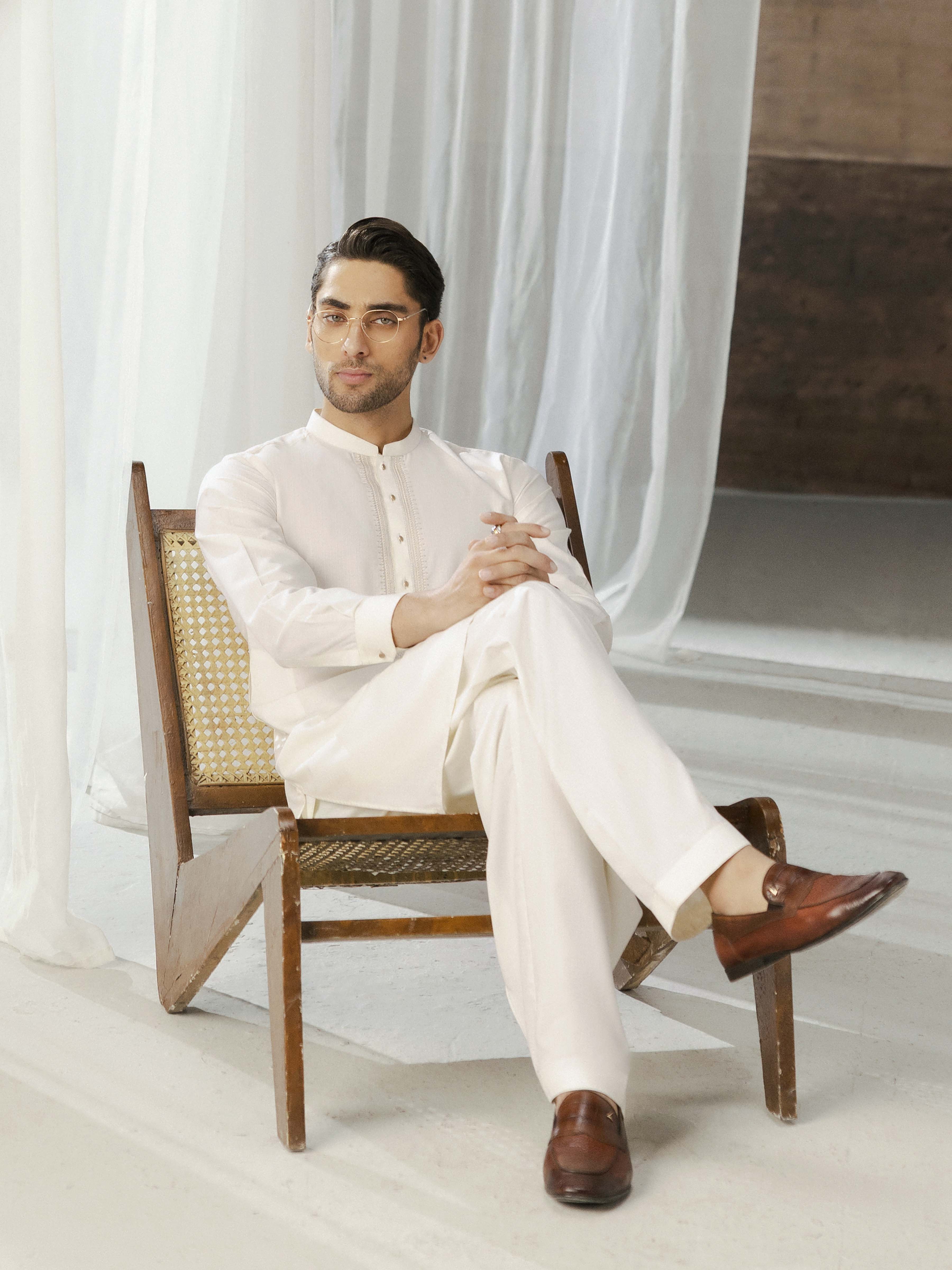 Men's Cream Shalwar Kameez - EMTKST5-99590 - Image 3