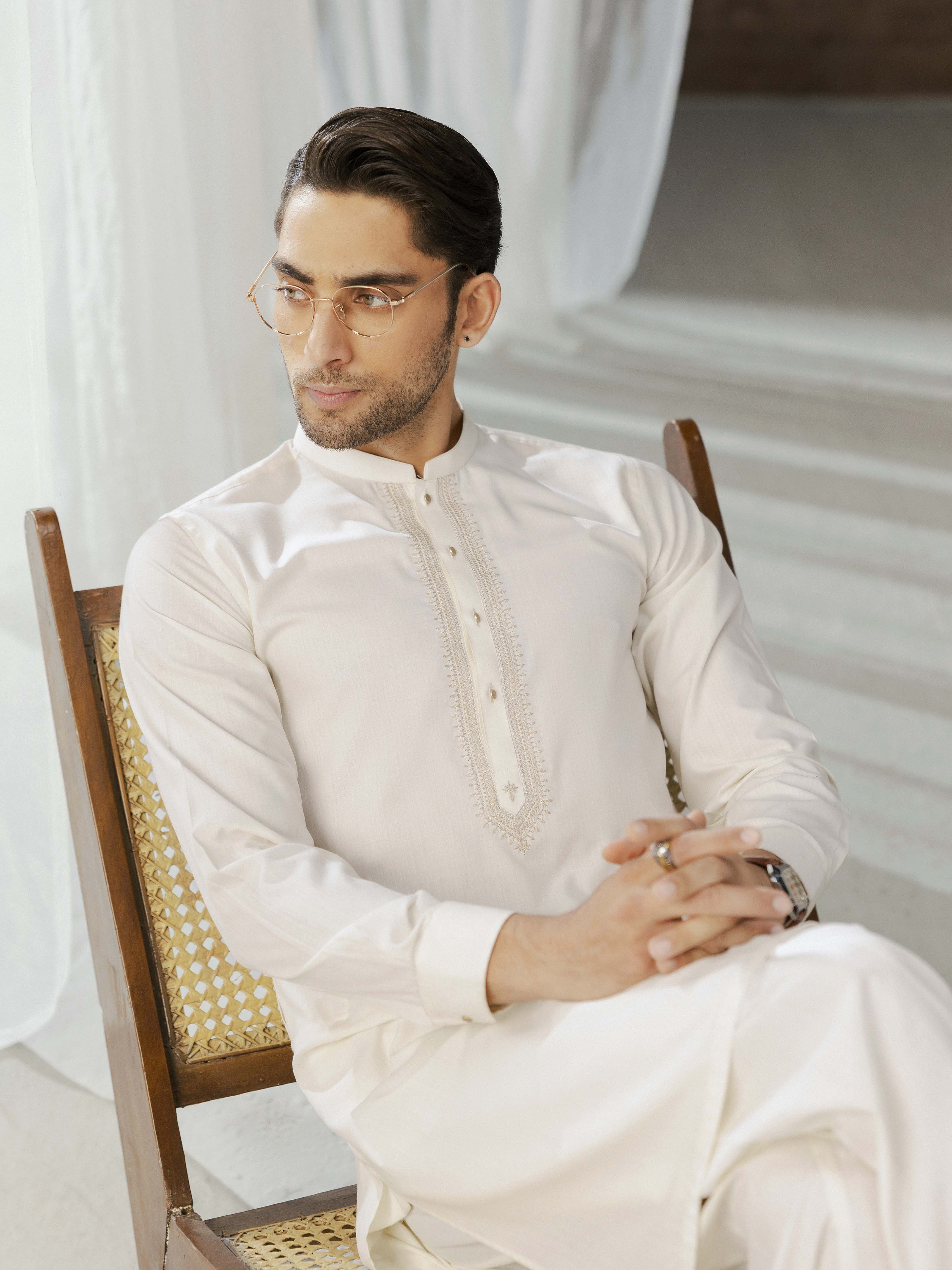 Men's Cream Shalwar Kameez - EMTKST5-99590 - Image 5