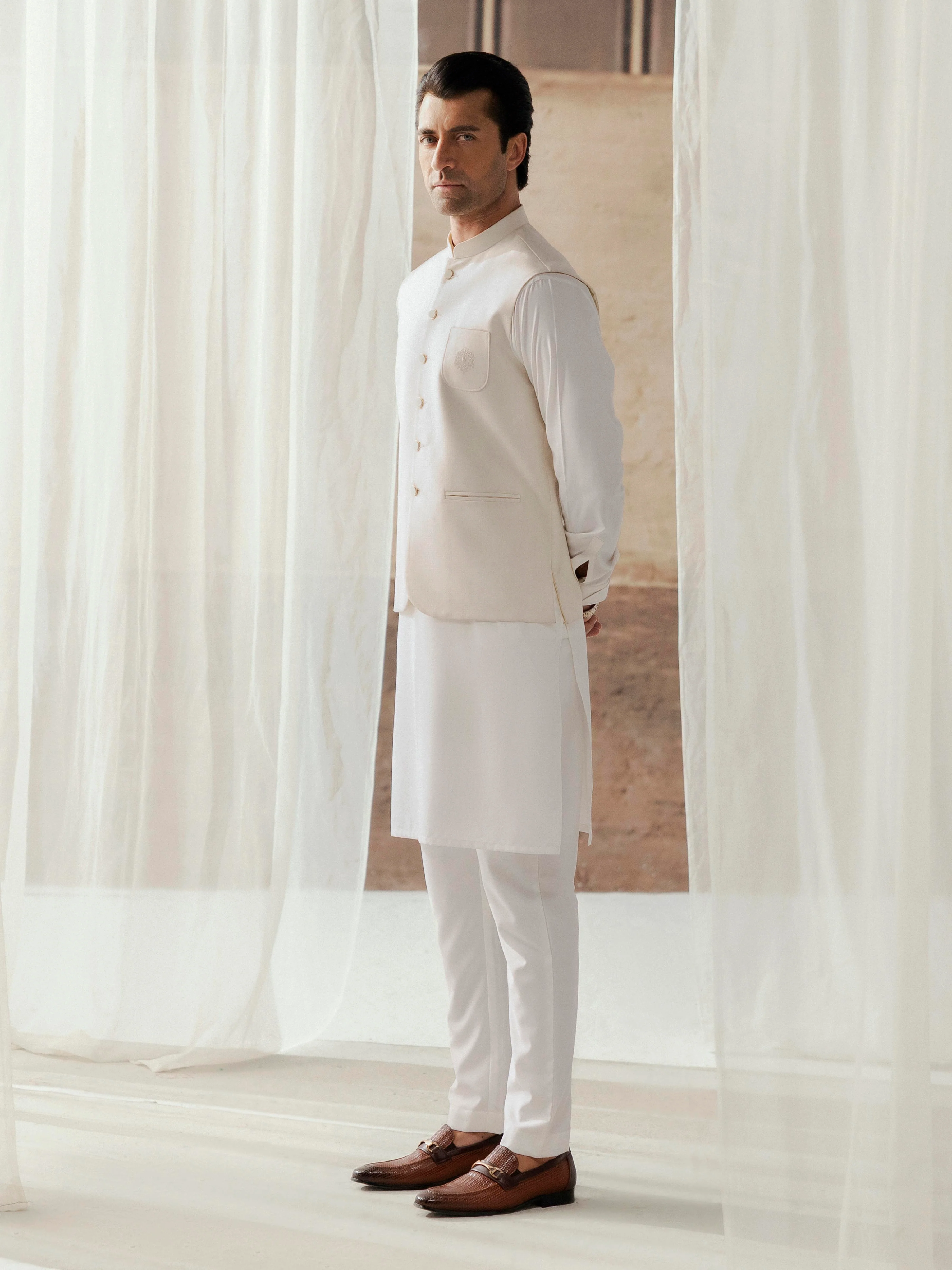 Men's Cream Waist Coat - EMTWCE5-35987 - Image 6