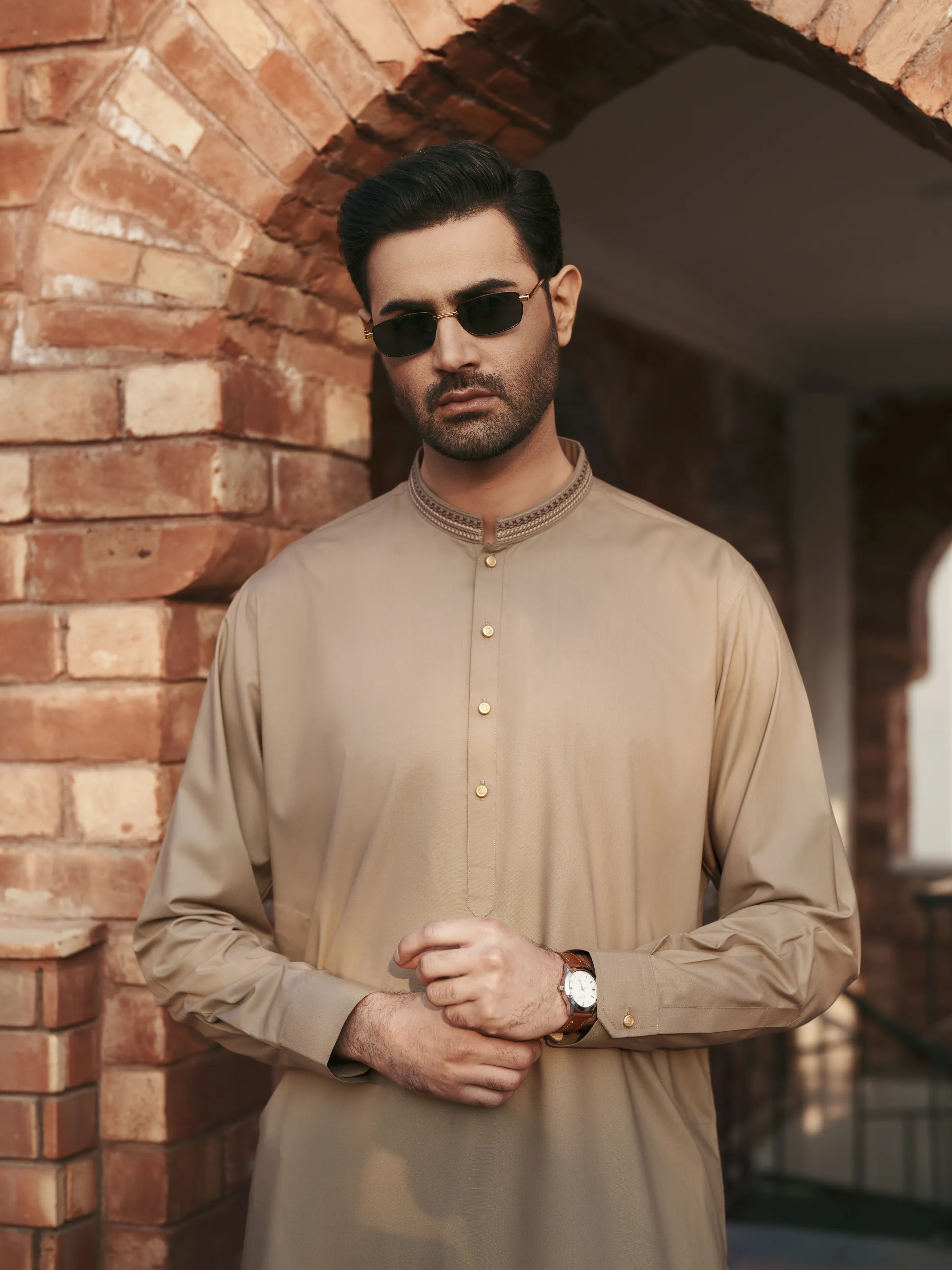 Men's Dark Beige Shalwar Kameez - EMTKS5-41220 - Image 2