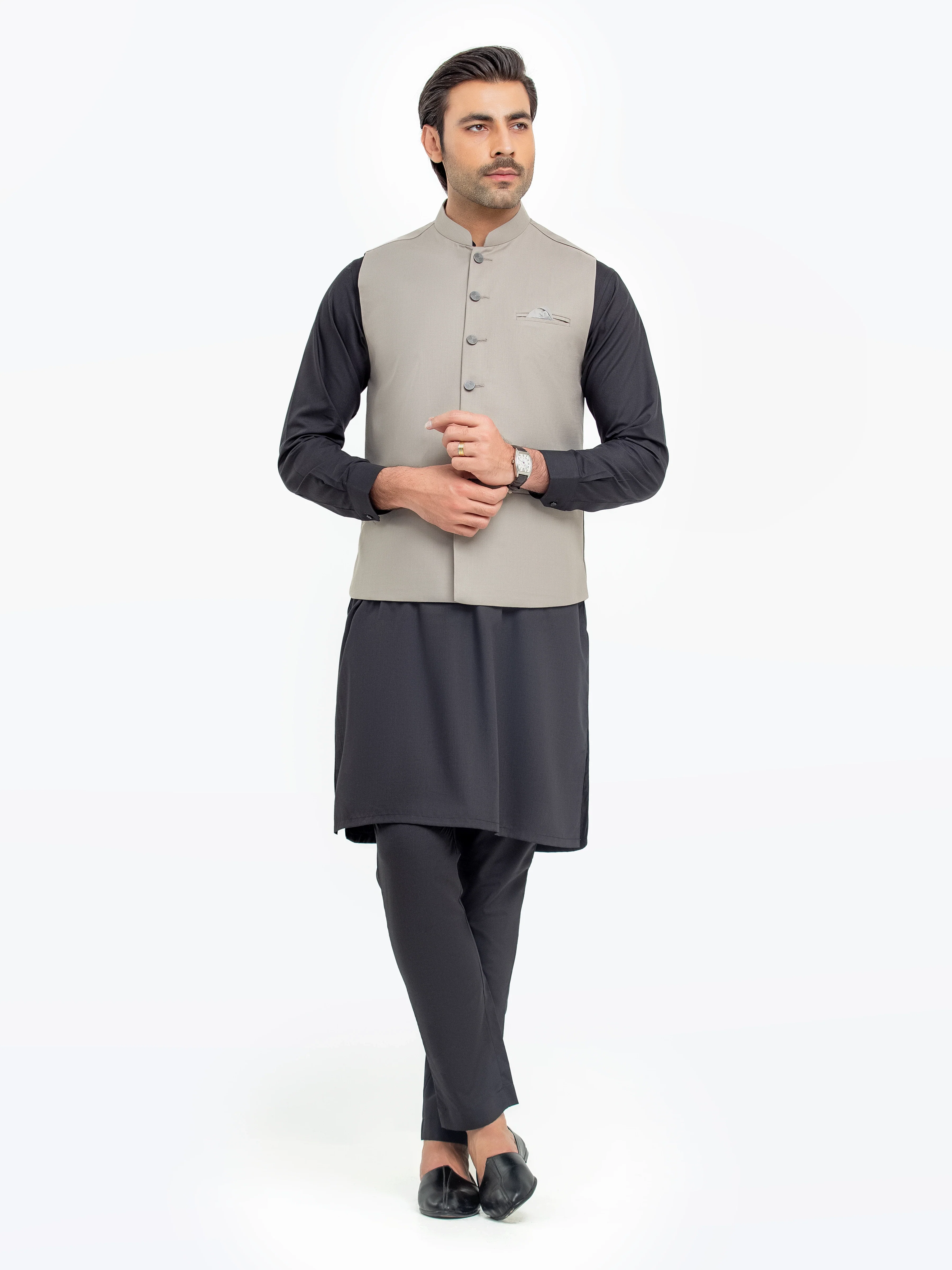 Men's Dark Beige Waist Coat - EMTWCP5-35947 - Image 2