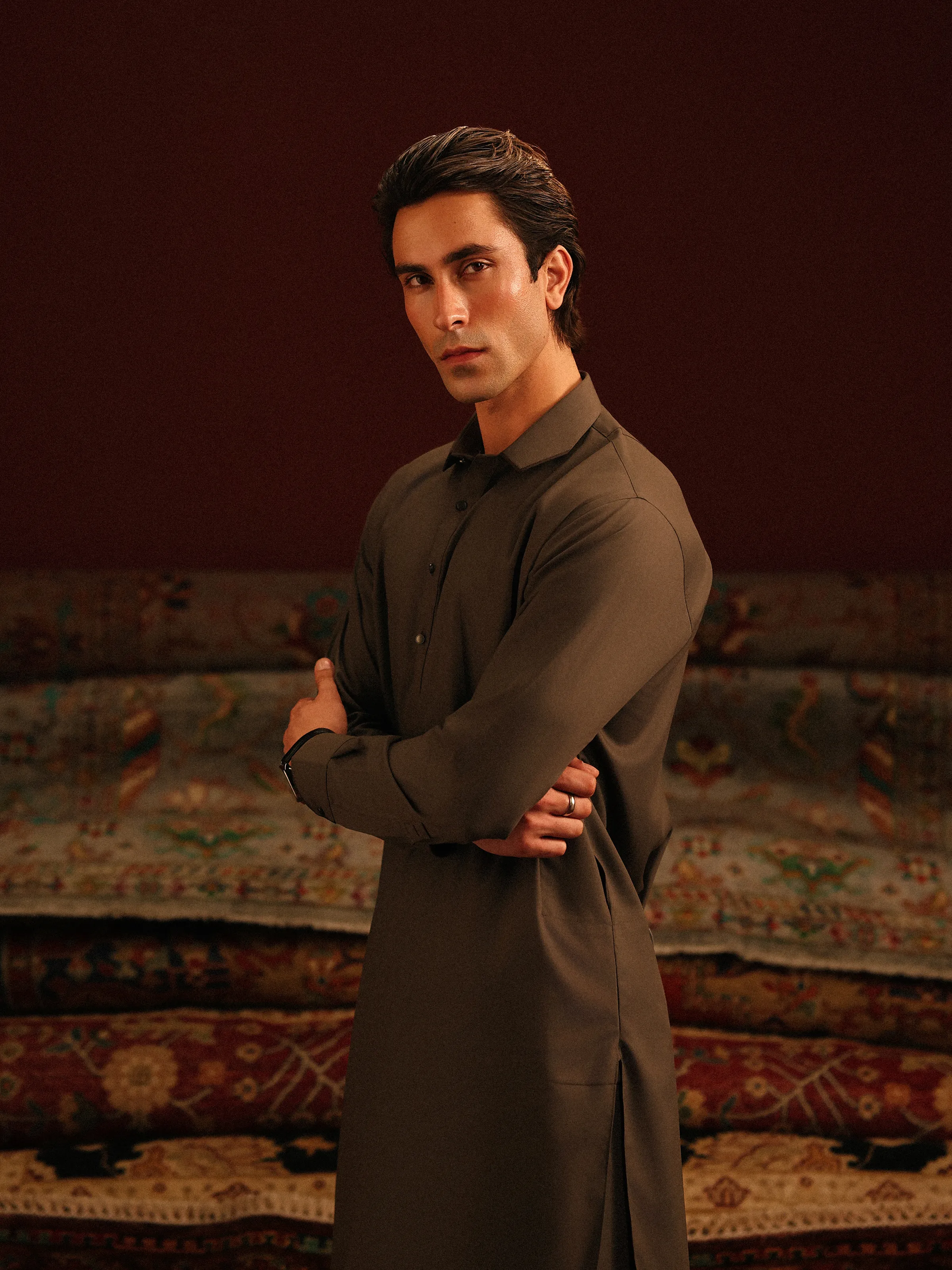 Men's Dark Sage Shalwar Kameez - EMTKS5-41183 - Image 2