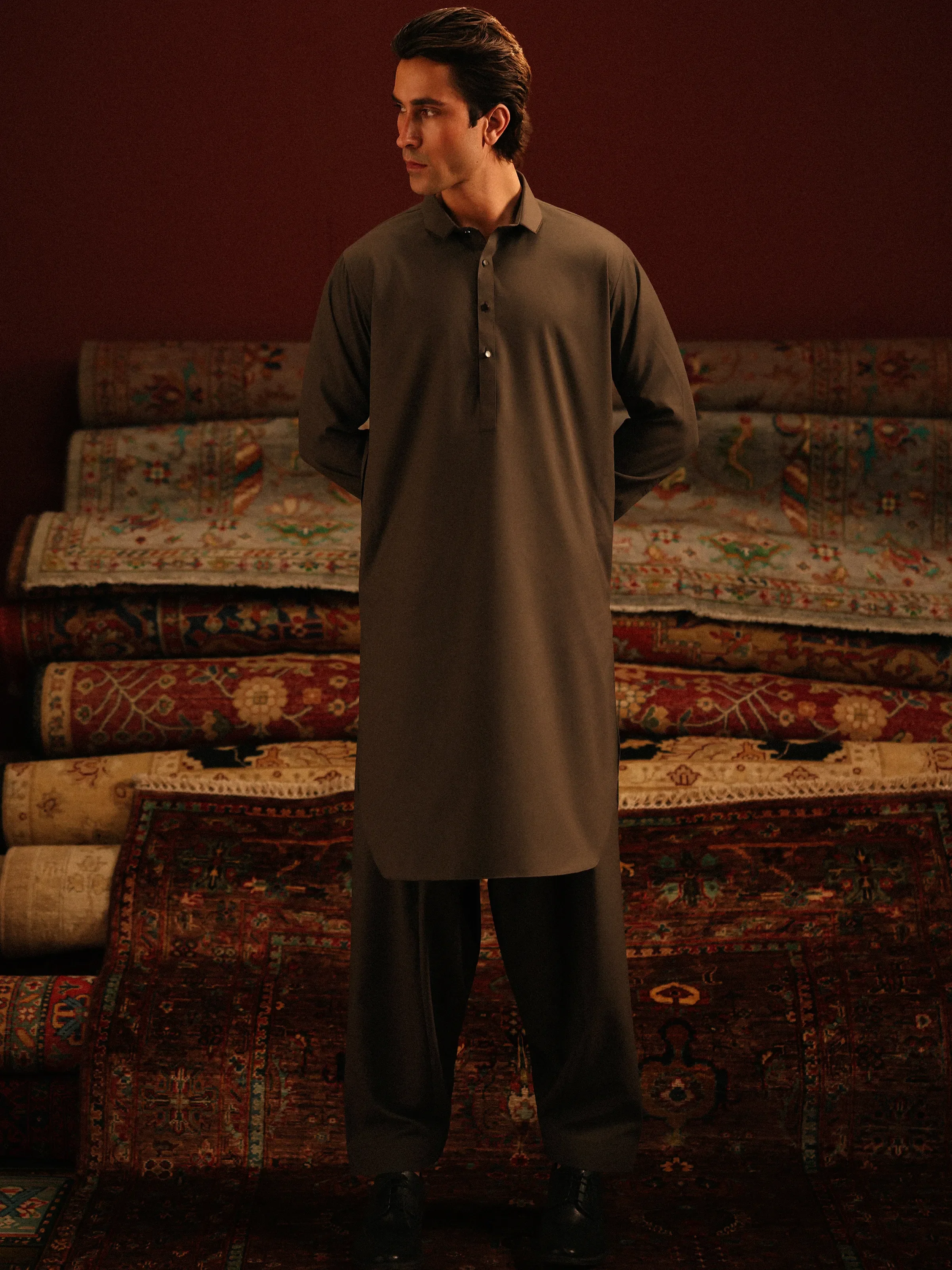 Men's Dark Sage Shalwar Kameez - EMTKS5-41183 - Image 3
