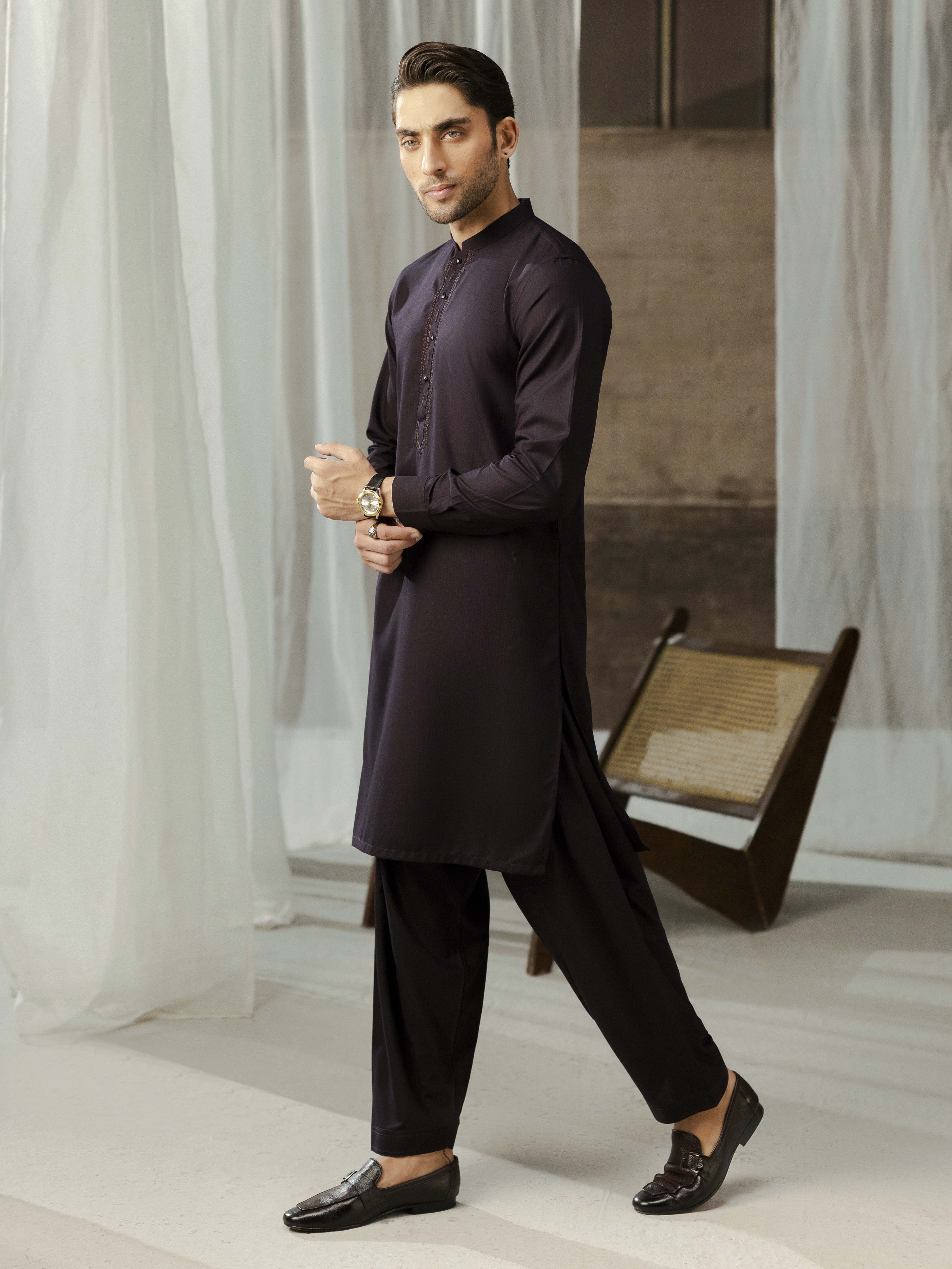 Men's Deep Purple Shalwar Kameez - EMTKST5-99594 - Image 4